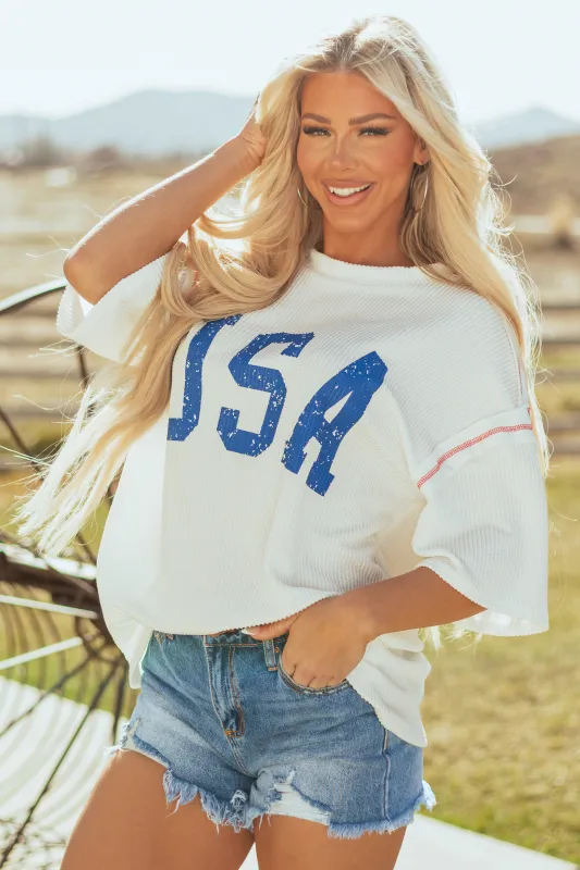 Ivory 'USA' Graphic Soft Knit Half Sleeve Boxy Tee sold by Lime Lush