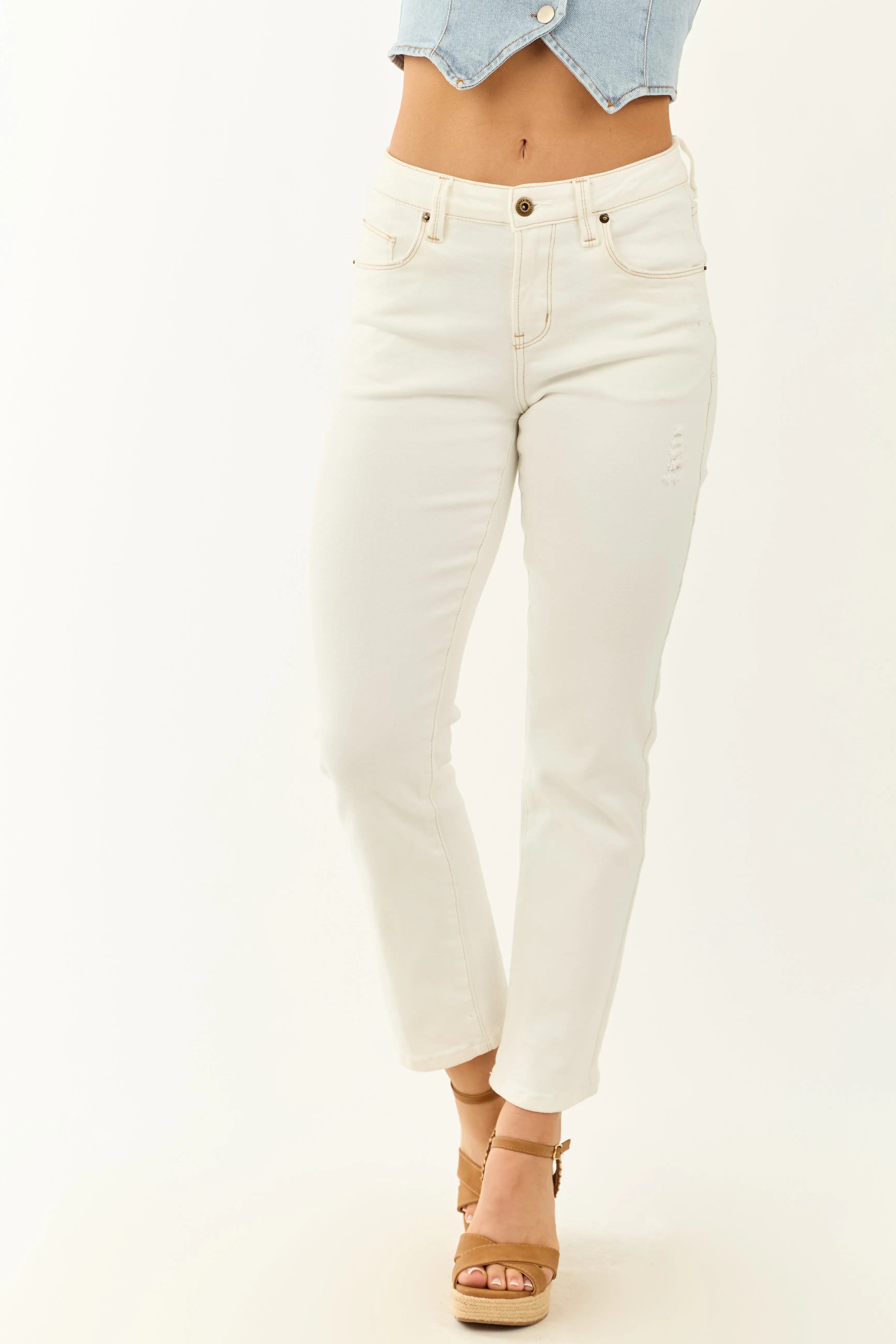 Mica Denim Ivory Stretchy Mid Rise Straight Jeans sold by Lime Lush