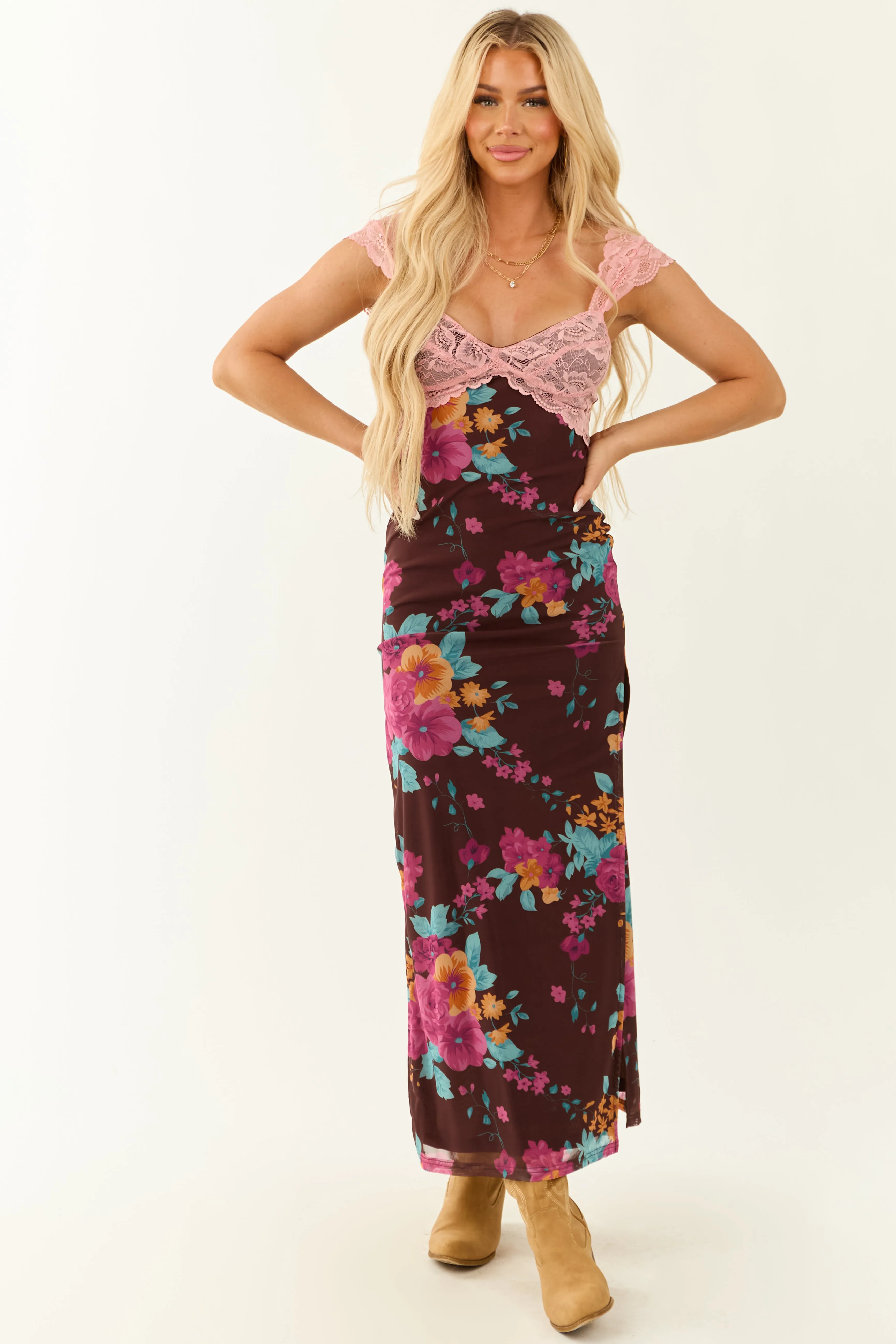 Cocoa Floral Print Mesh Lace Bust Maxi Dress sold by Lime Lush product image thumbnail 2