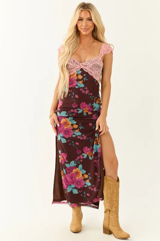 Cocoa Floral Print Mesh Lace Bust Maxi Dress sold by Lime Lush
