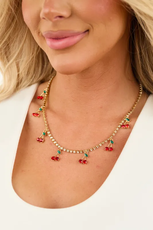 Silver Rhinestone Cherry Pendant Necklace sold by Lime Lush