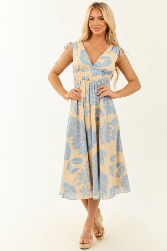 Beige Floral Print V Neck Sleeveless Midi Dress sold by Lime Lush