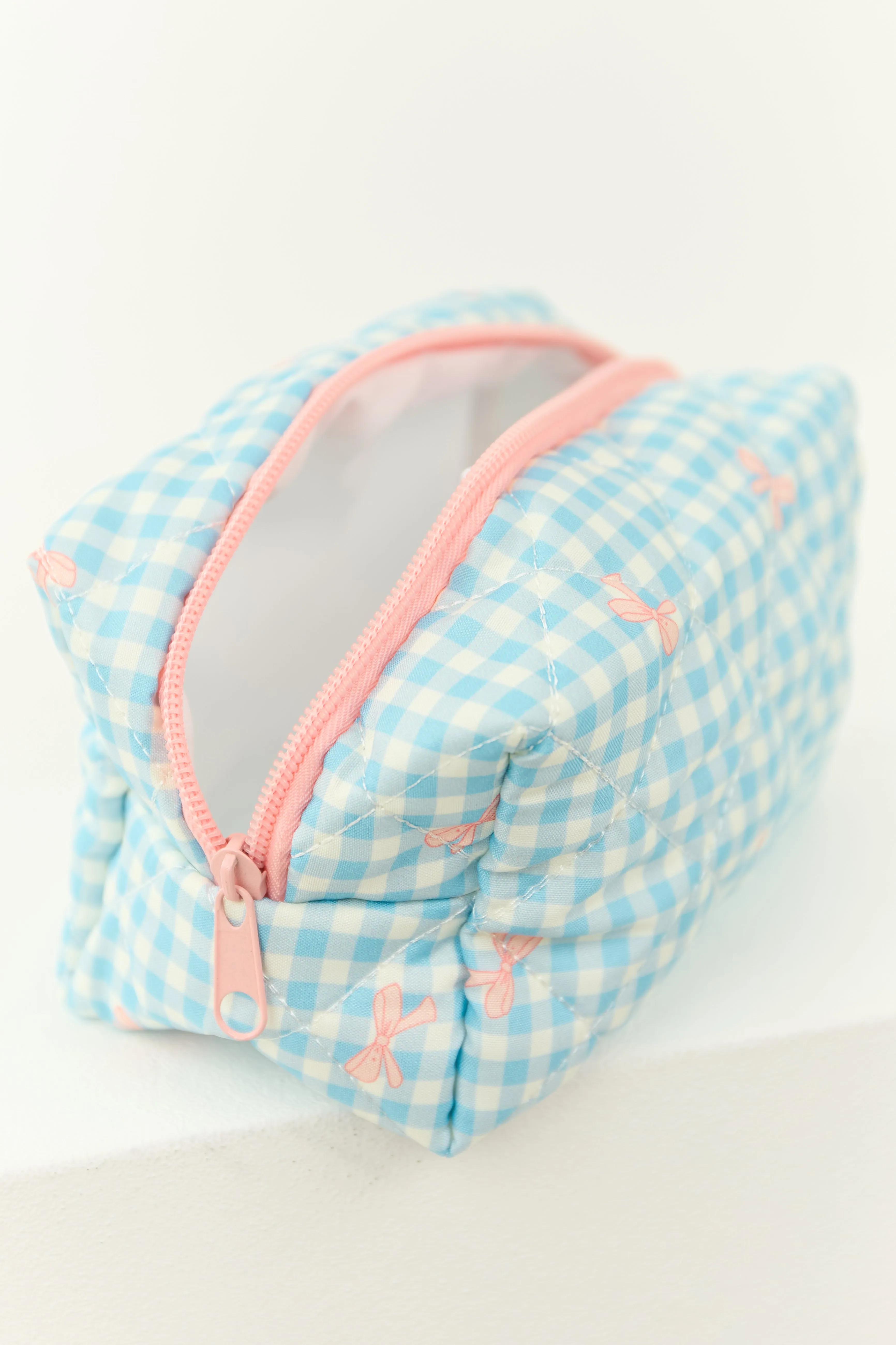 Ivory and Cornflower Gingham Bow Makeup Bag sold by Lime Lush product image thumbnail 4