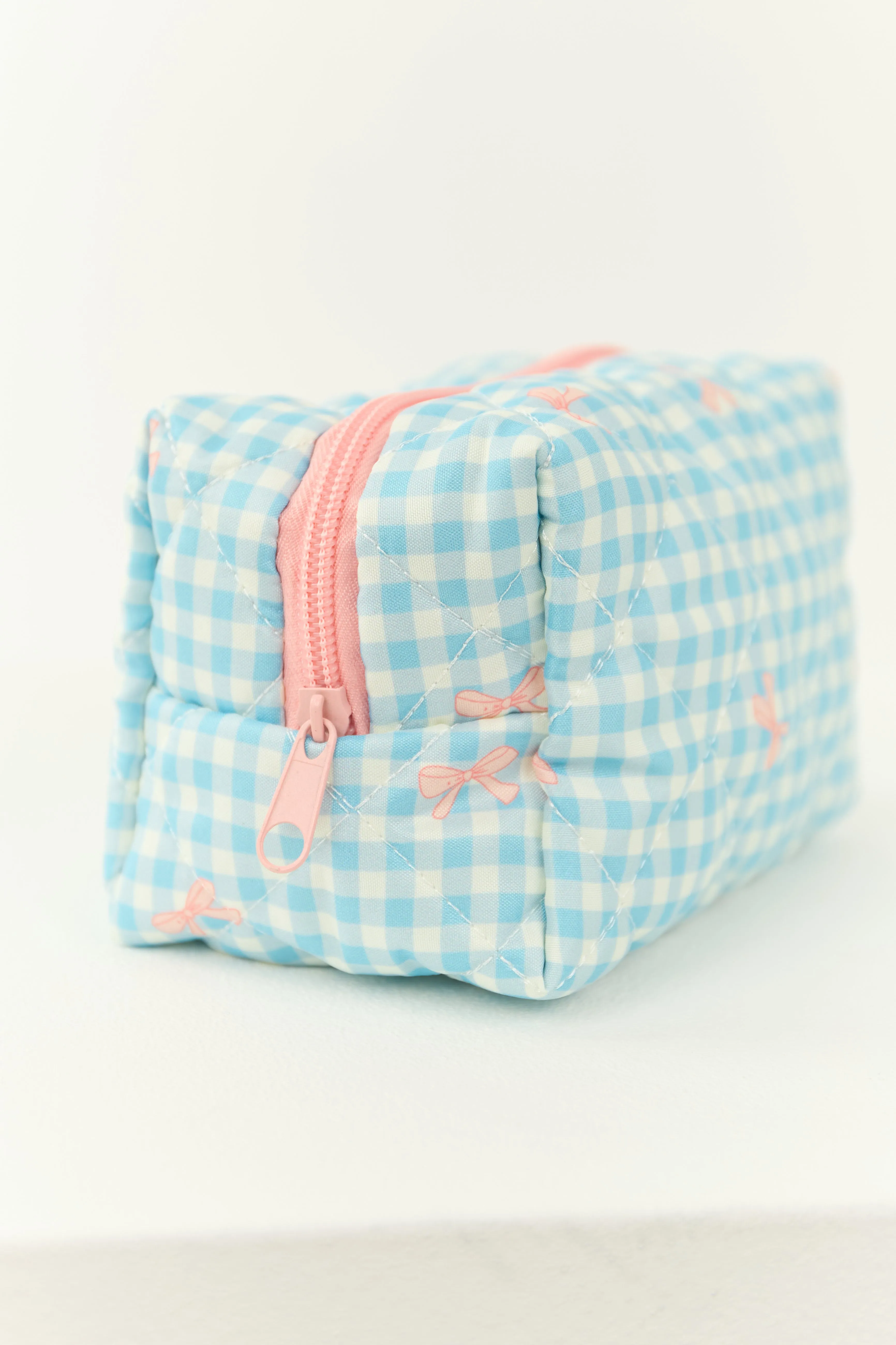 Ivory and Cornflower Gingham Bow Makeup Bag sold by Lime Lush product image thumbnail 2