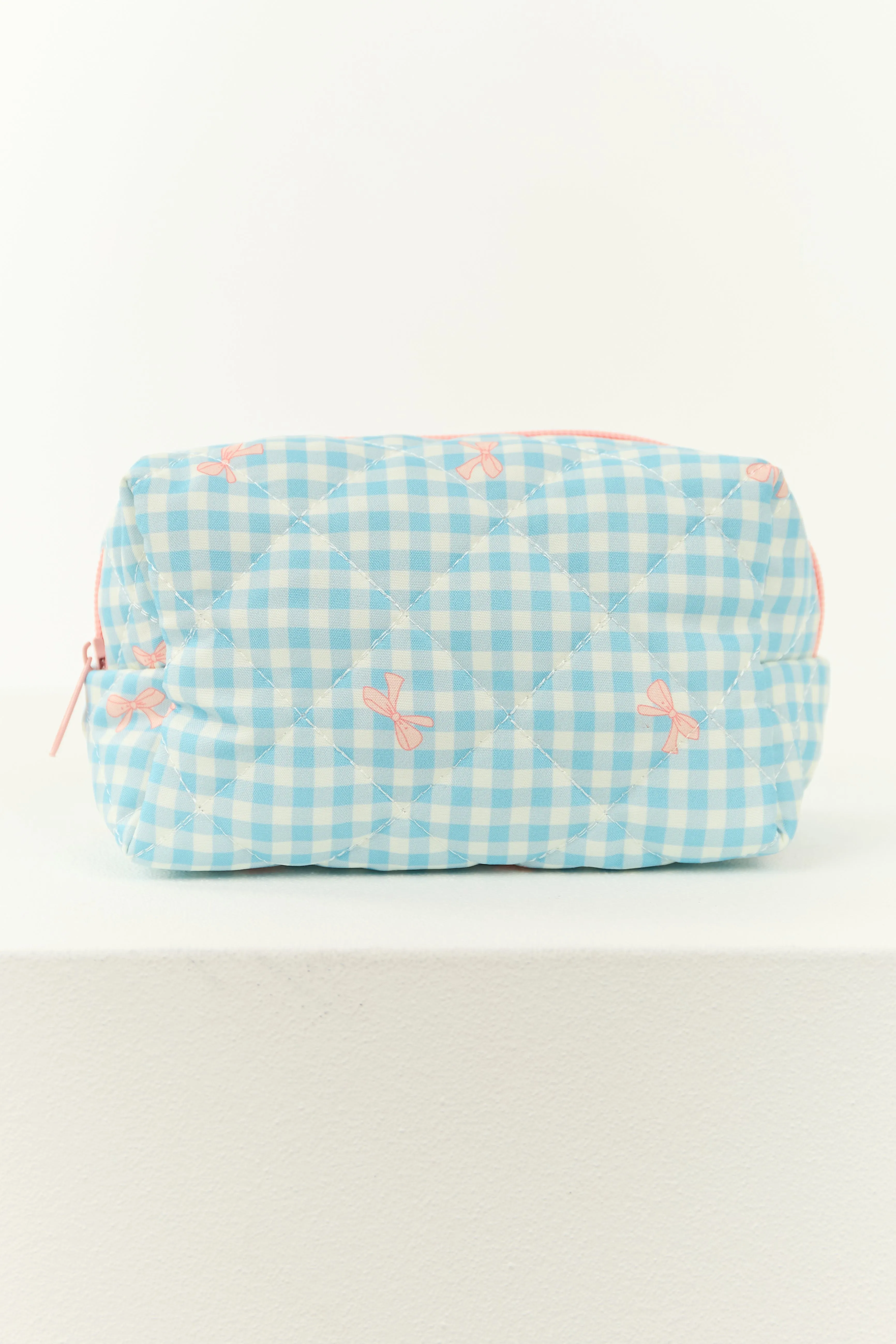 Ivory and Cornflower Gingham Bow Makeup Bag sold by Lime Lush product image thumbnail 3