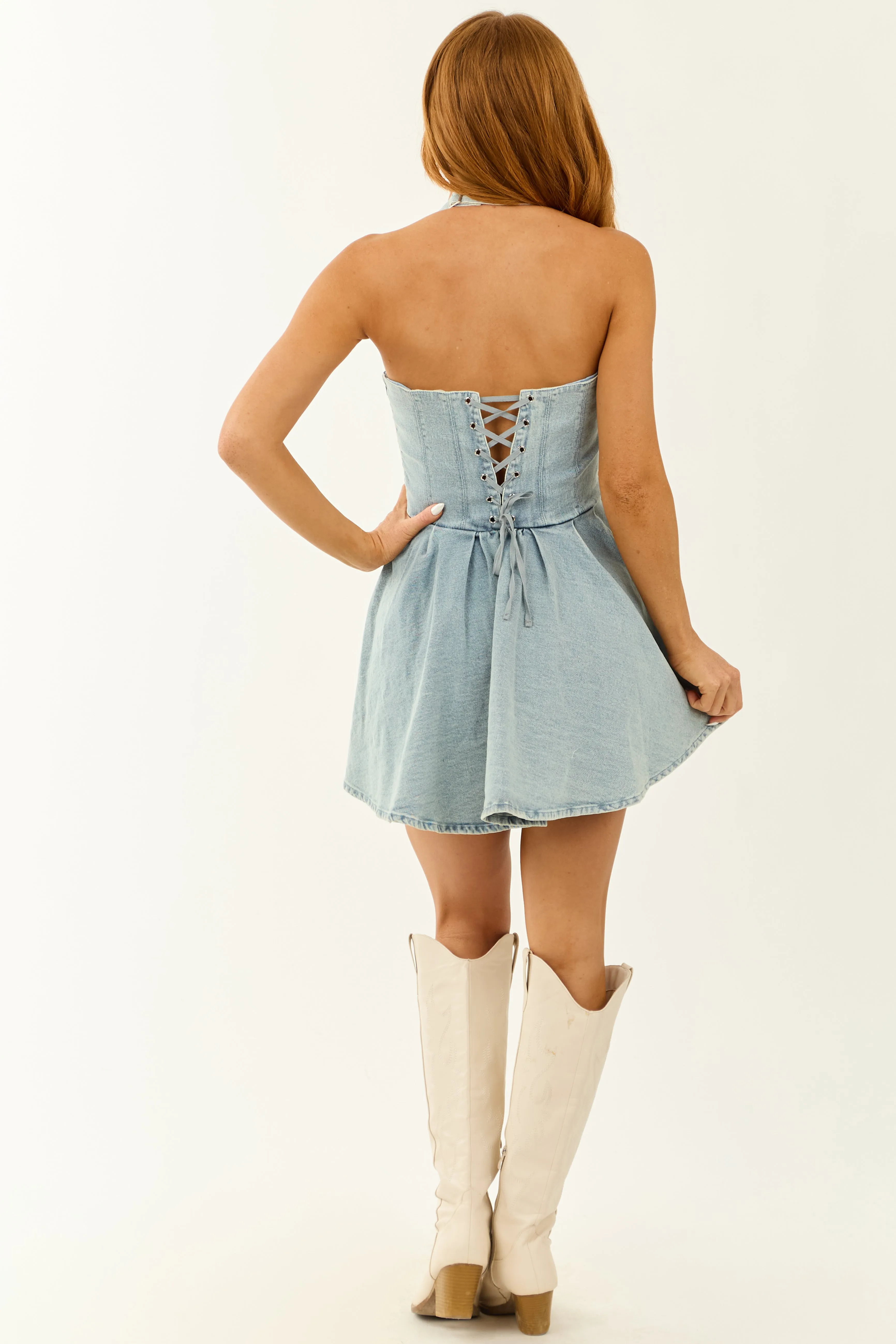 Light Wash Adjustable Halter Neck Denim Mini Dress sold by Lime Lush product image thumbnail 5