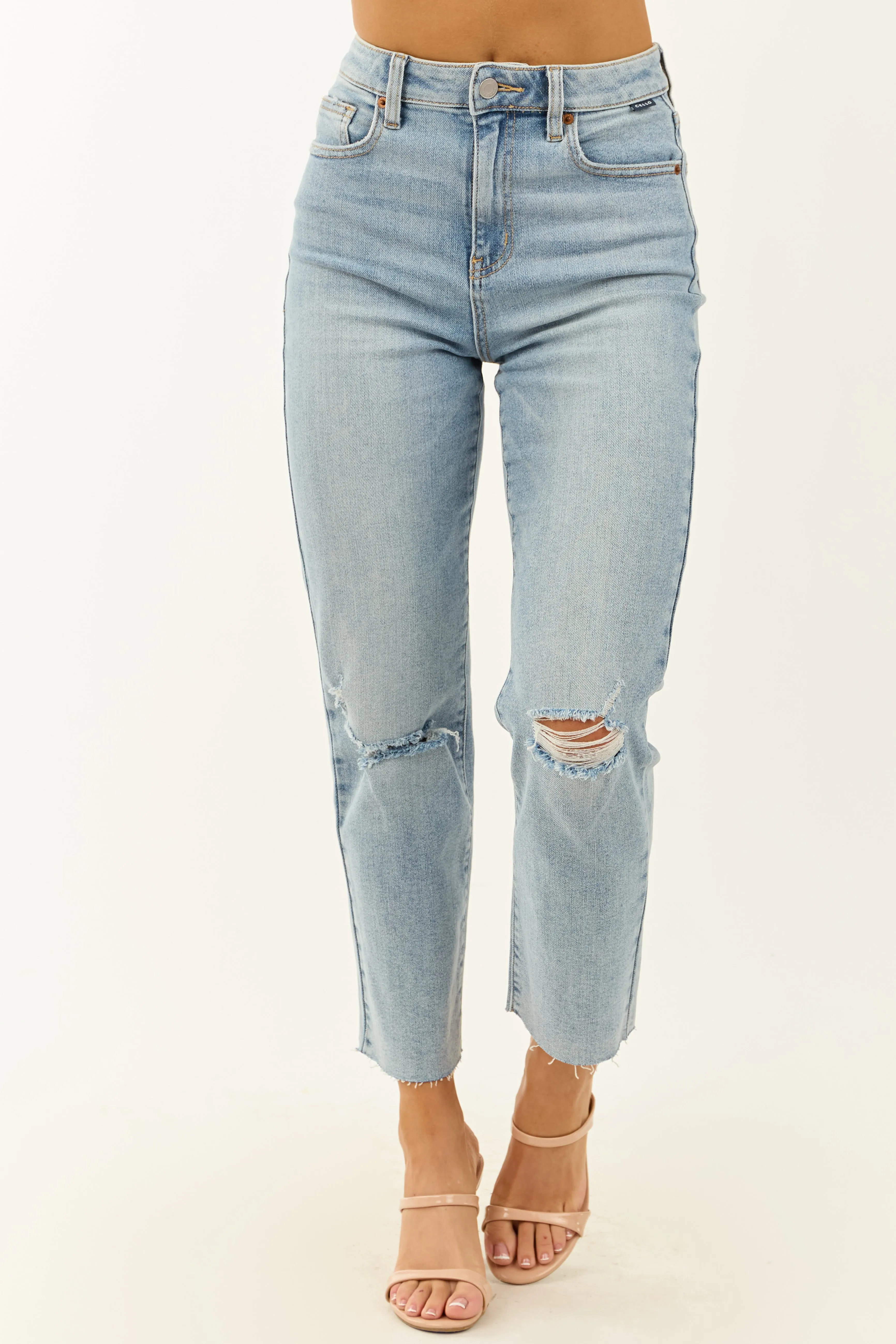 Cello Light Wash Stretchy Distressed Straight Jeans sold by Lime Lush