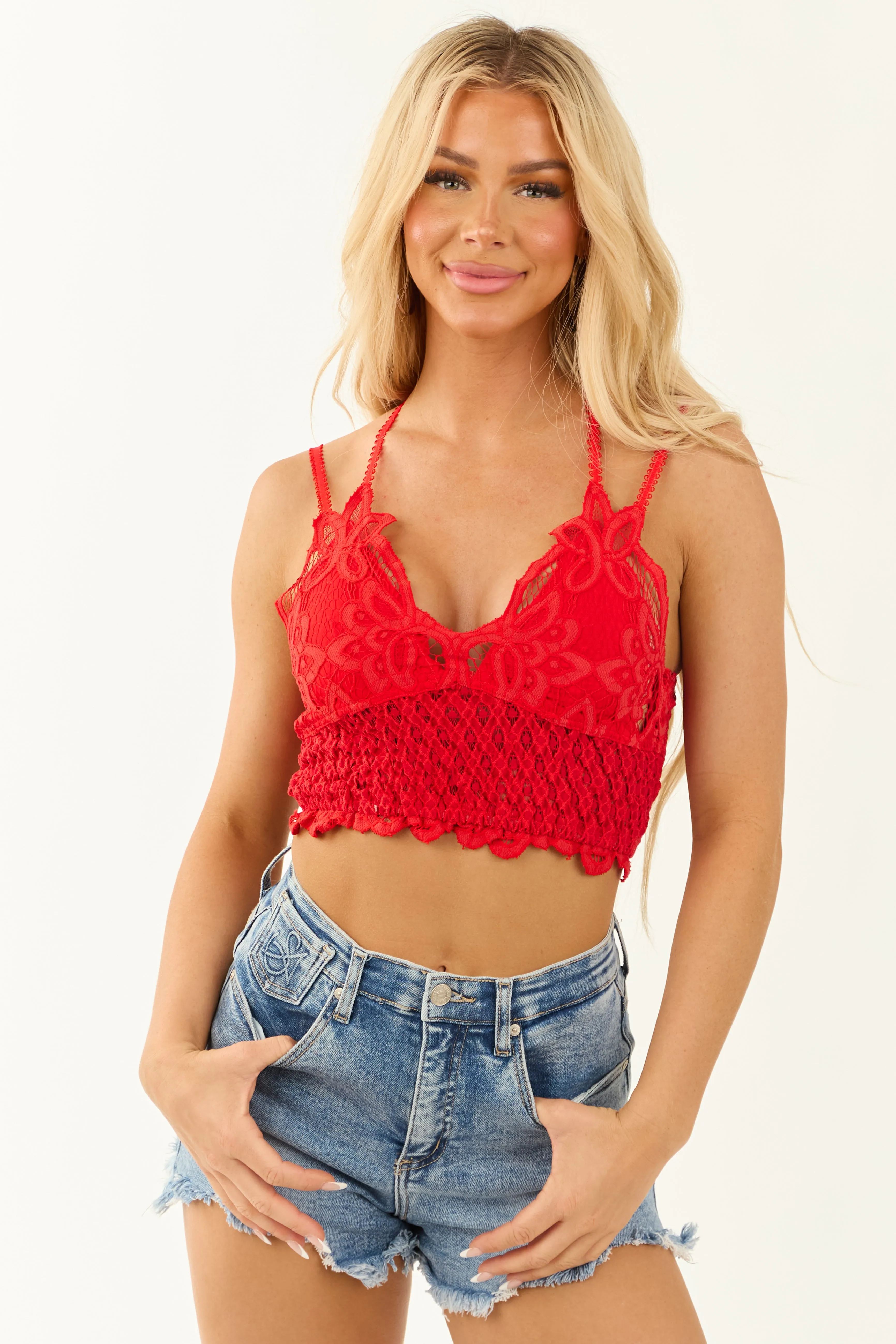 POL Lipstick Double Strap Crochet Lace Bralette sold by Lime Lush