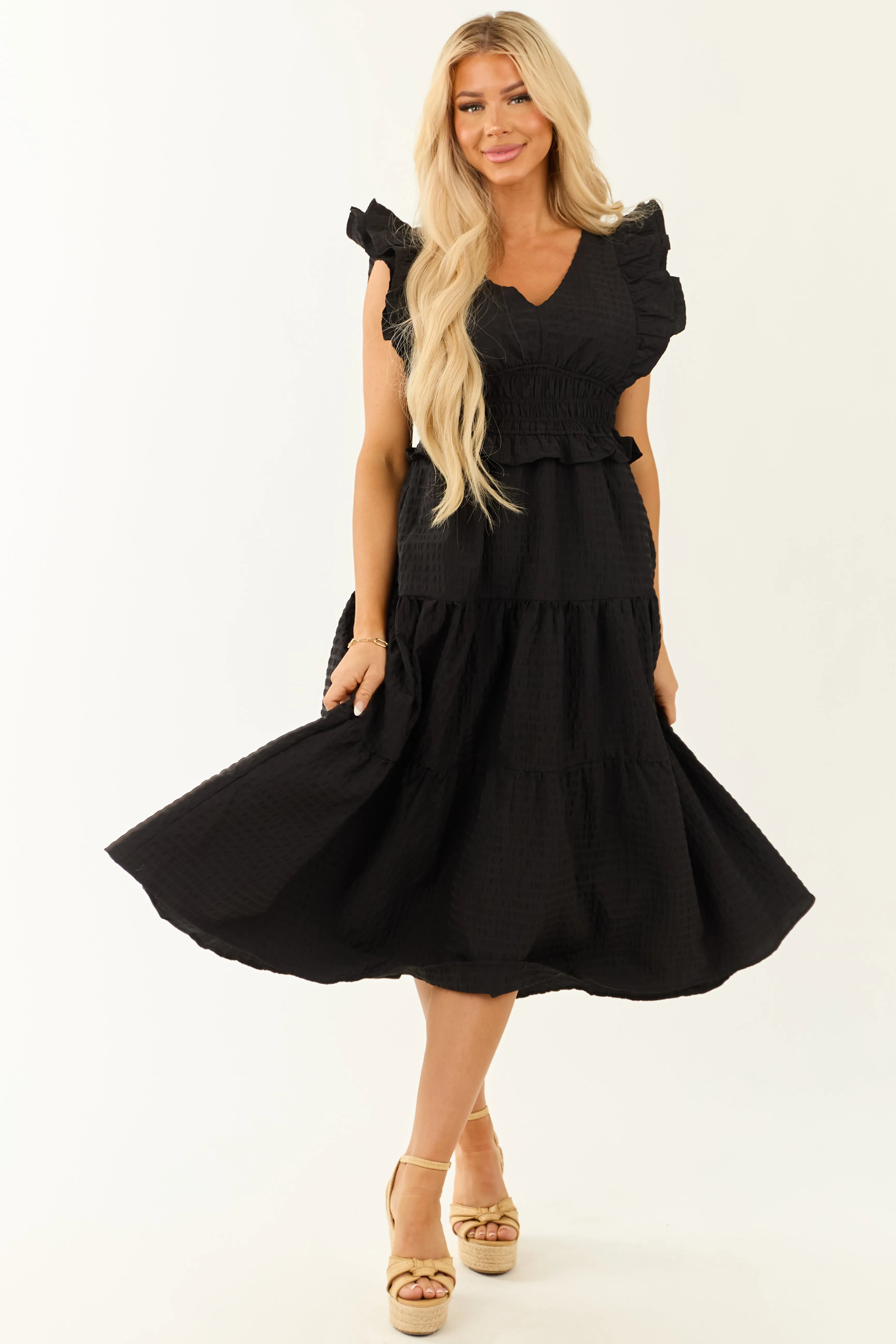 Black V Neck Smocked Waist Cap Sleeve Midi Dress sold by Lime Lush product image thumbnail 3