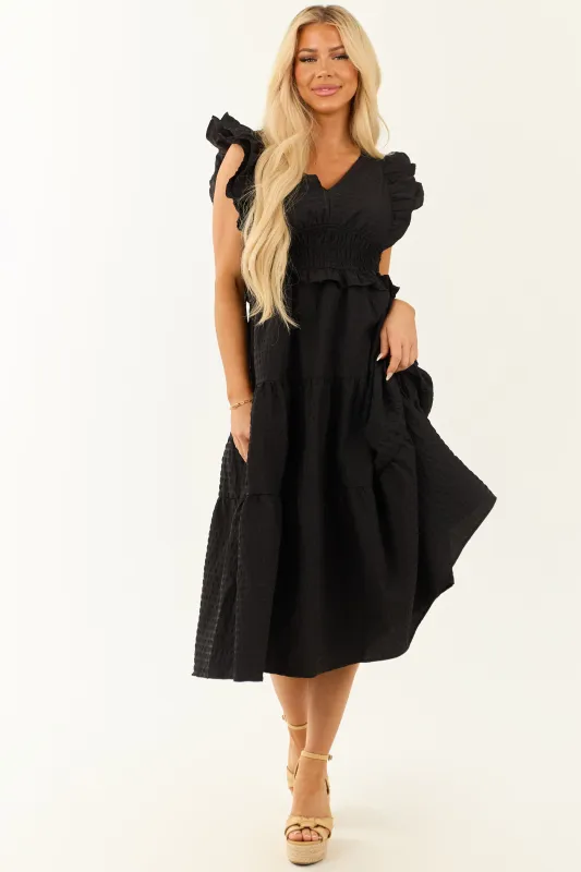 Black V Neck Smocked Waist Cap Sleeve Midi Dress sold by Lime Lush