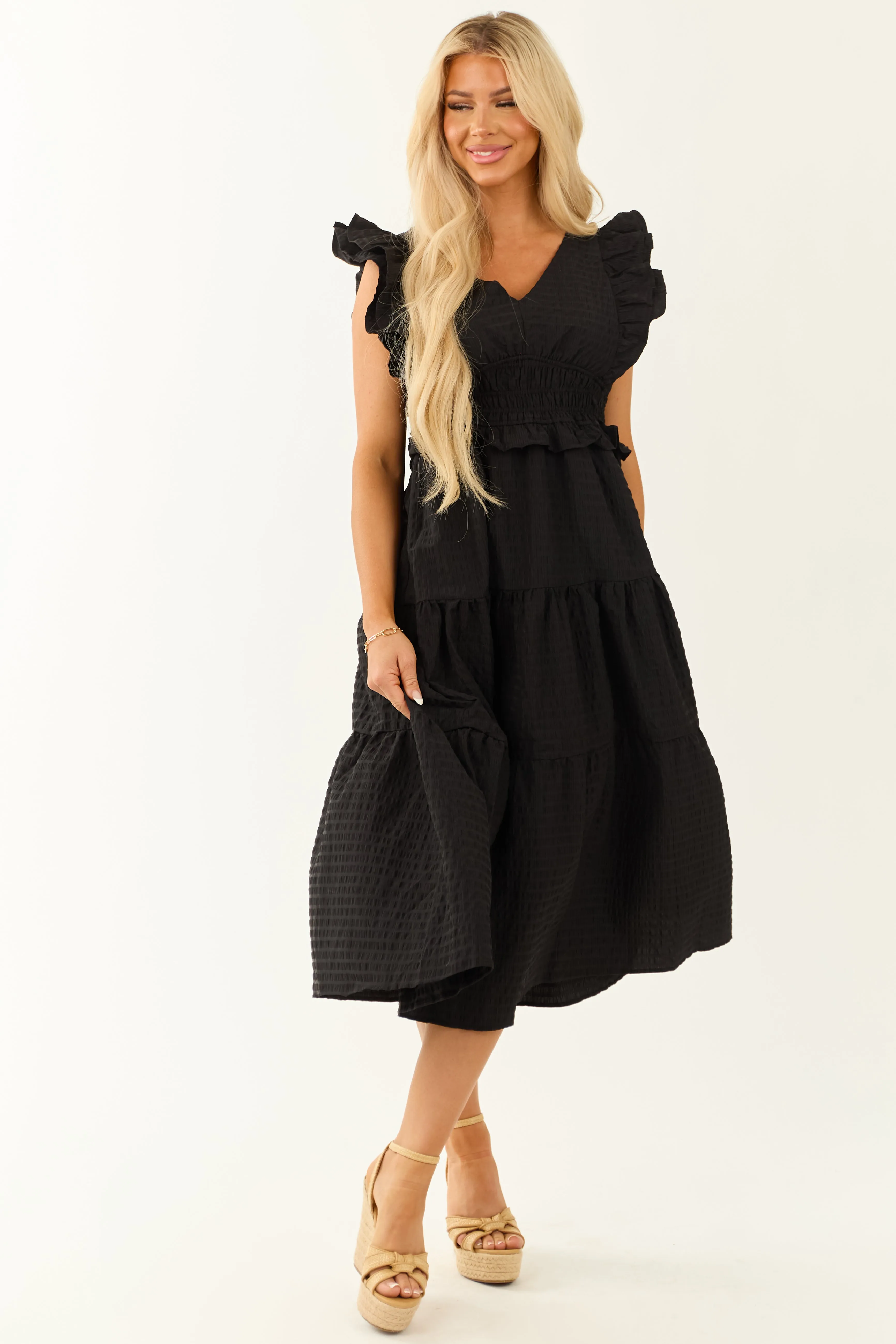 Black V Neck Smocked Waist Cap Sleeve Midi Dress sold by Lime Lush product image thumbnail 2