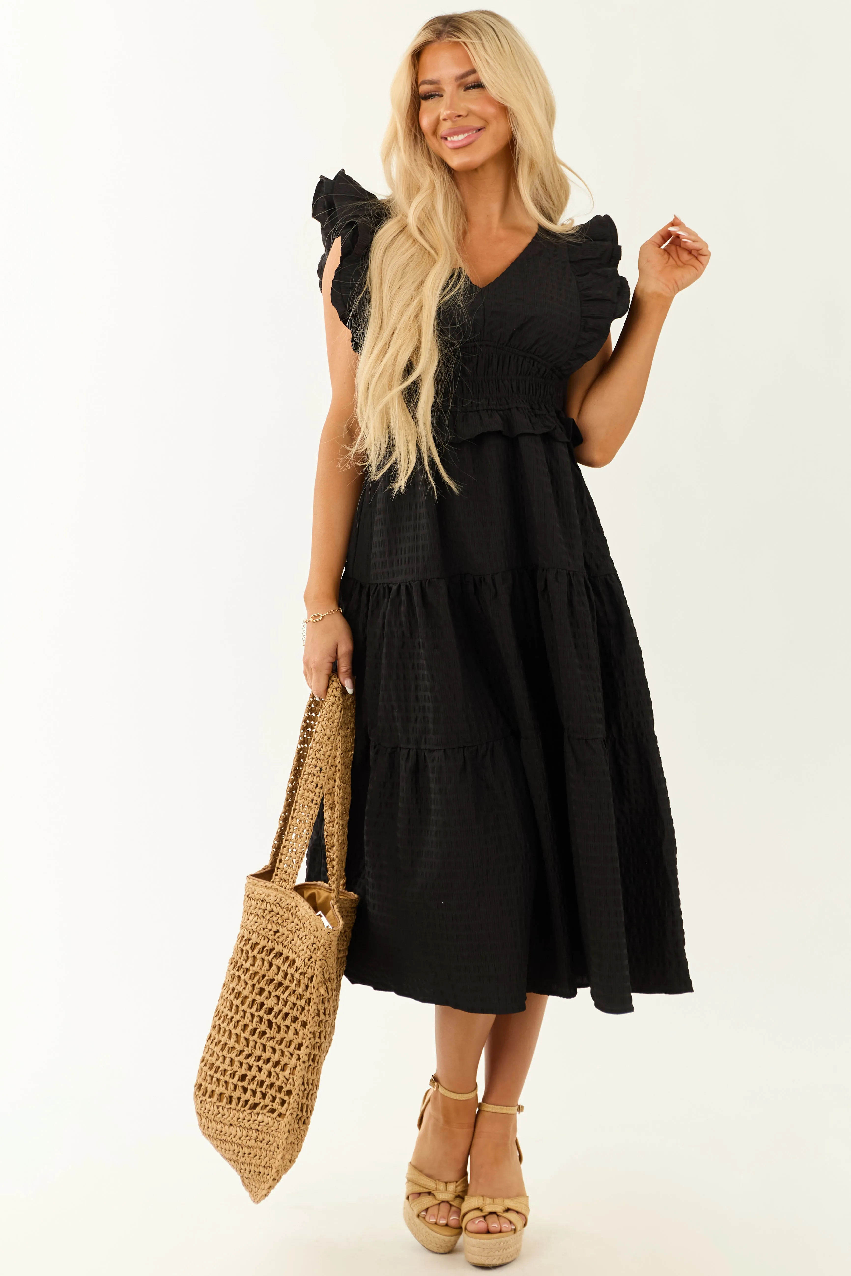 Black V Neck Smocked Waist Cap Sleeve Midi Dress sold by Lime Lush product image thumbnail 4
