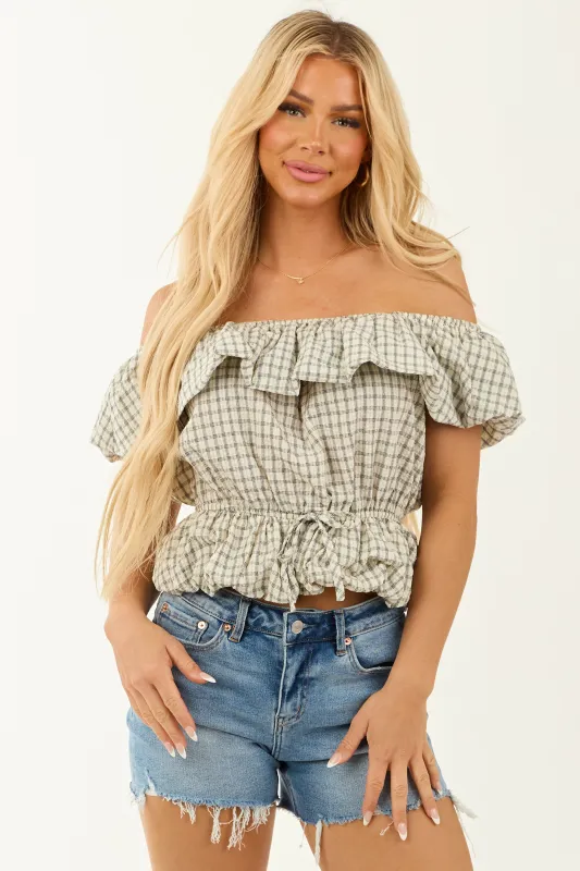 Cream Plaid Off Shoulder Peplum Bubble Hem Top sold by Lime Lush