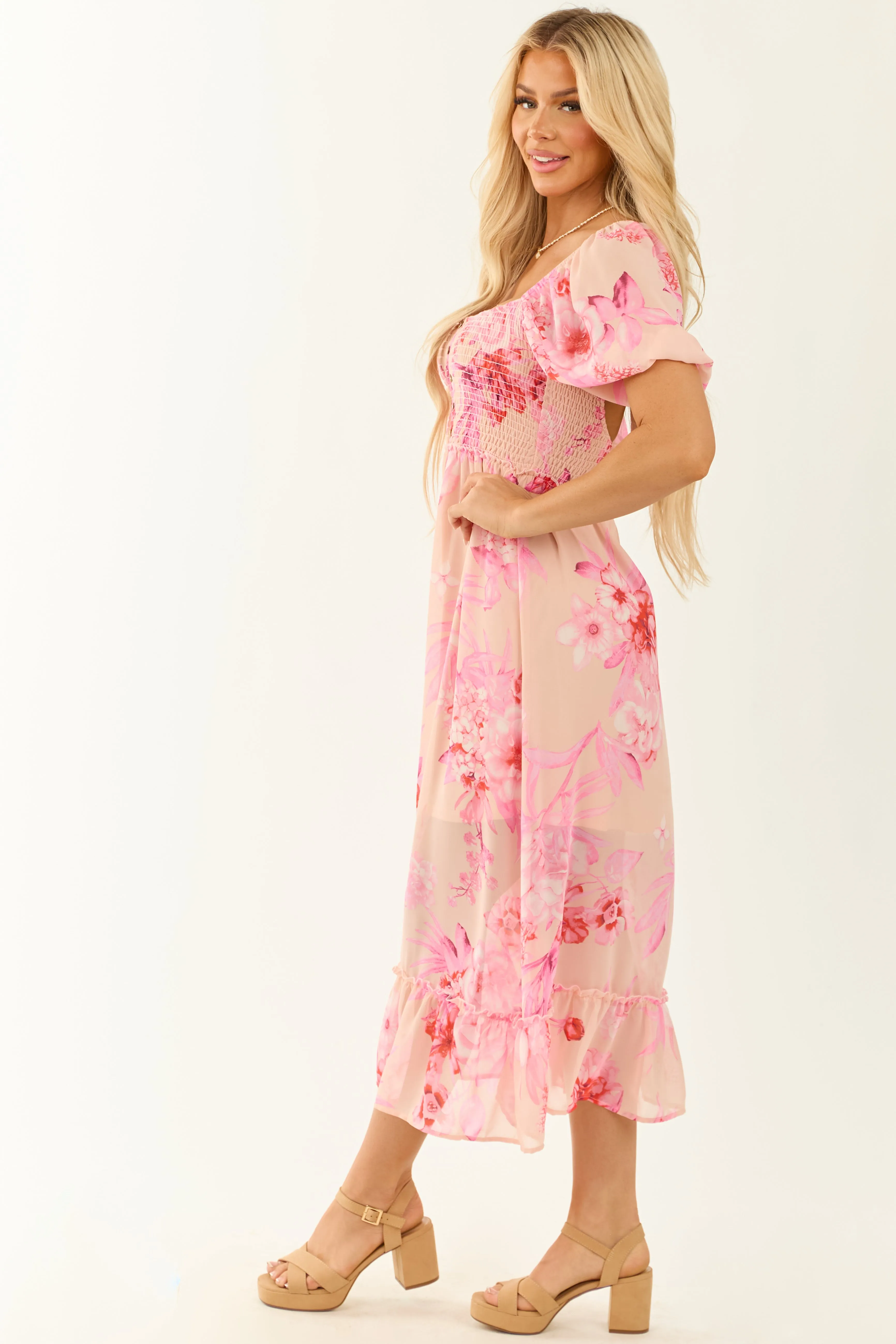 Lovelo Peach Floral Print Half Sleeve Midi Dress sold by Lime Lush product image thumbnail 5
