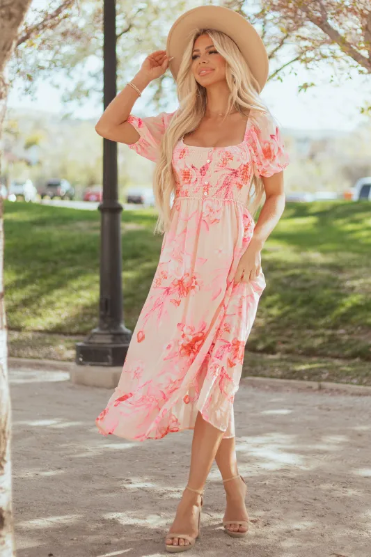 Lovelo Peach Floral Print Half Sleeve Midi Dress sold by Lime Lush