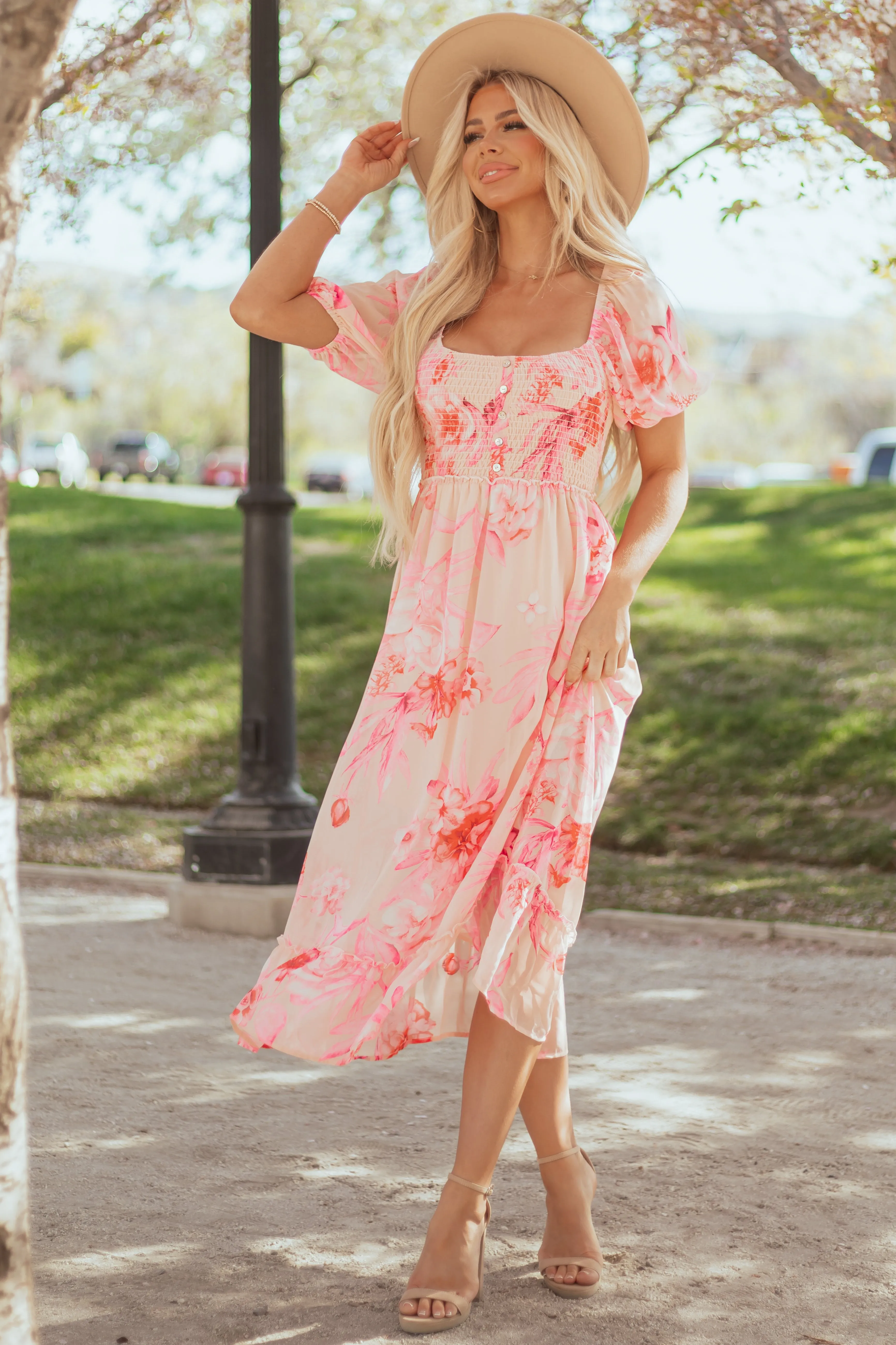 Lovelo Peach Floral Print Half Sleeve Midi Dress sold by Lime Lush