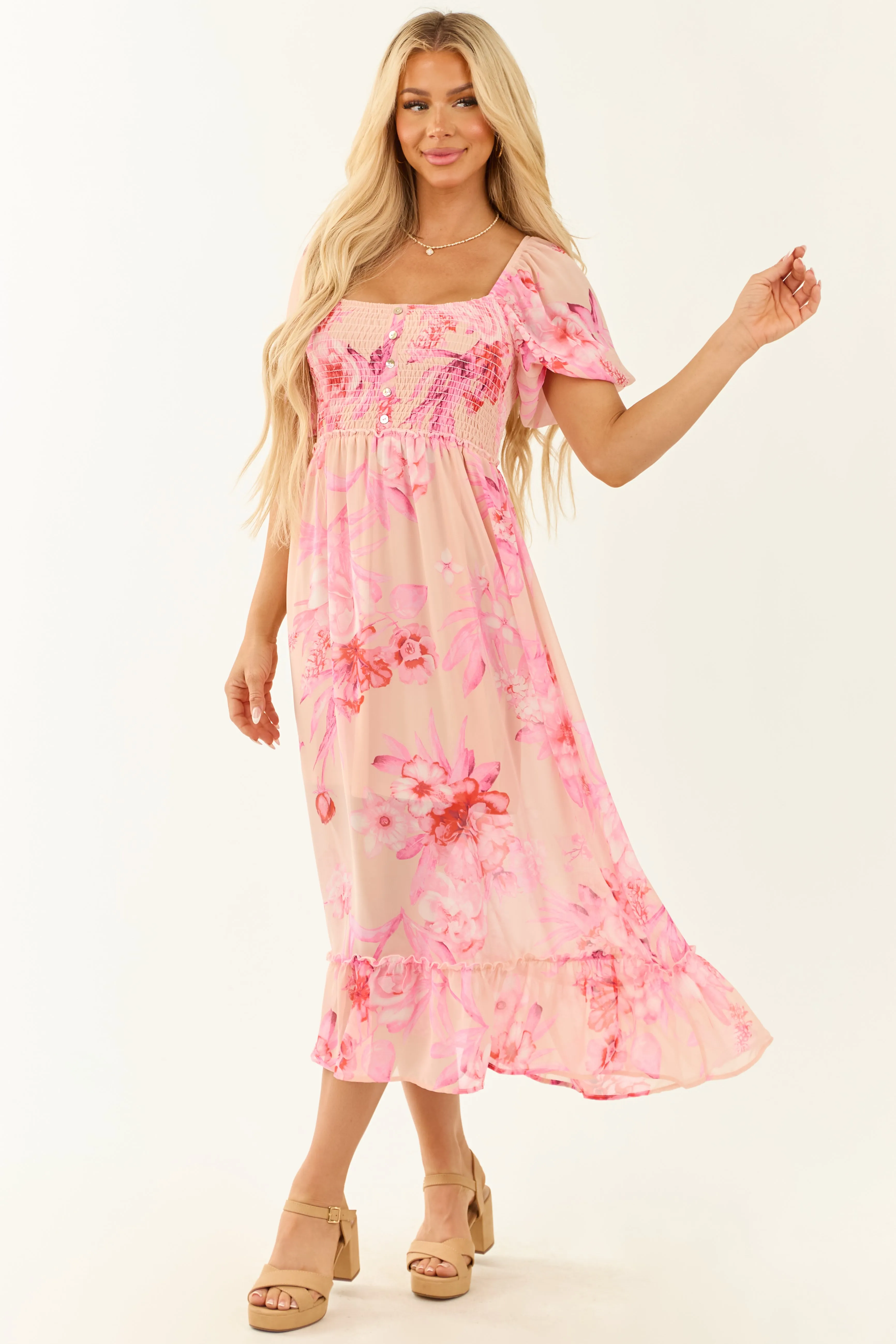 Lovelo Peach Floral Print Half Sleeve Midi Dress sold by Lime Lush product image thumbnail 4