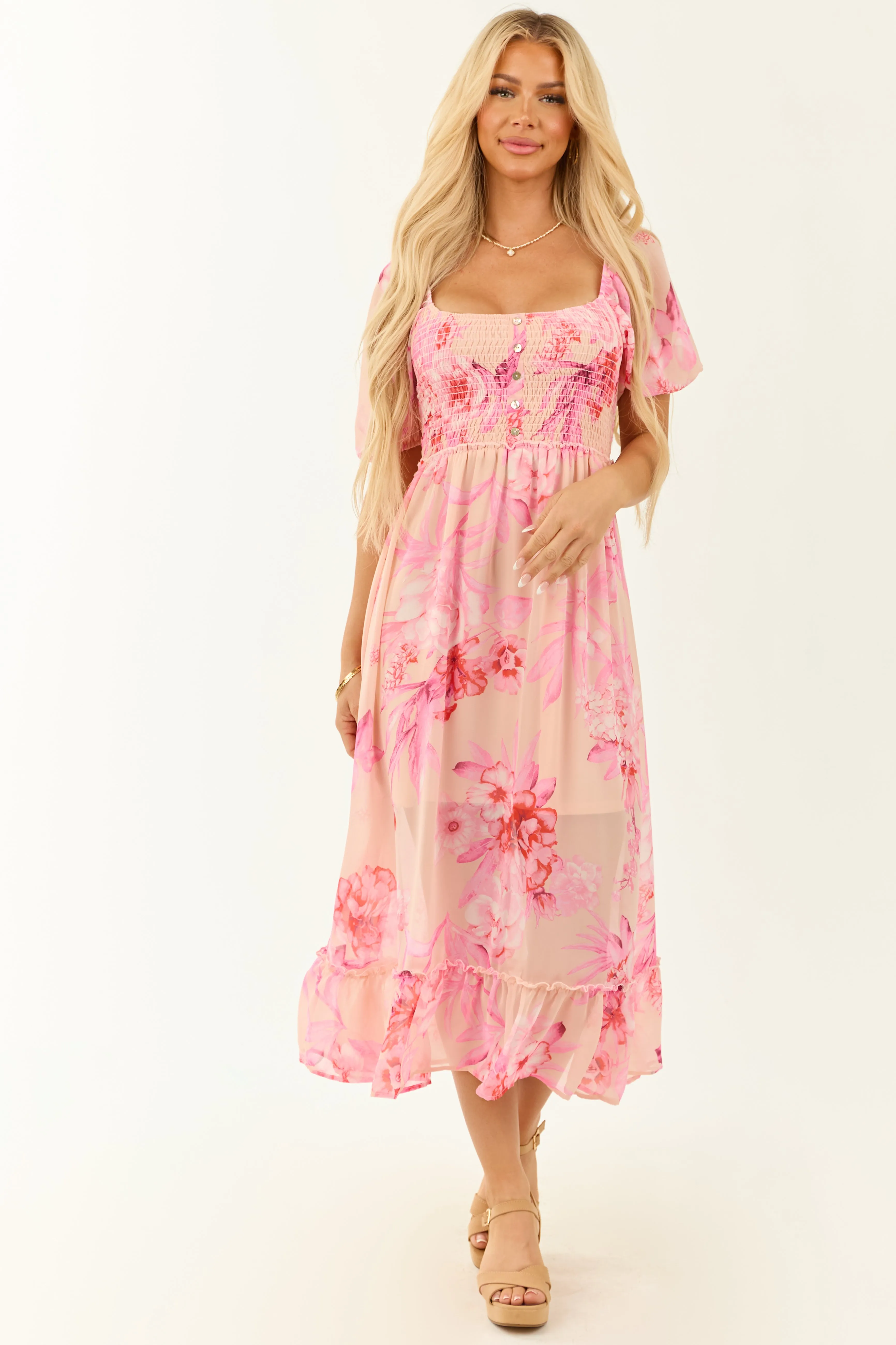 Lovelo Peach Floral Print Half Sleeve Midi Dress sold by Lime Lush product image thumbnail 3