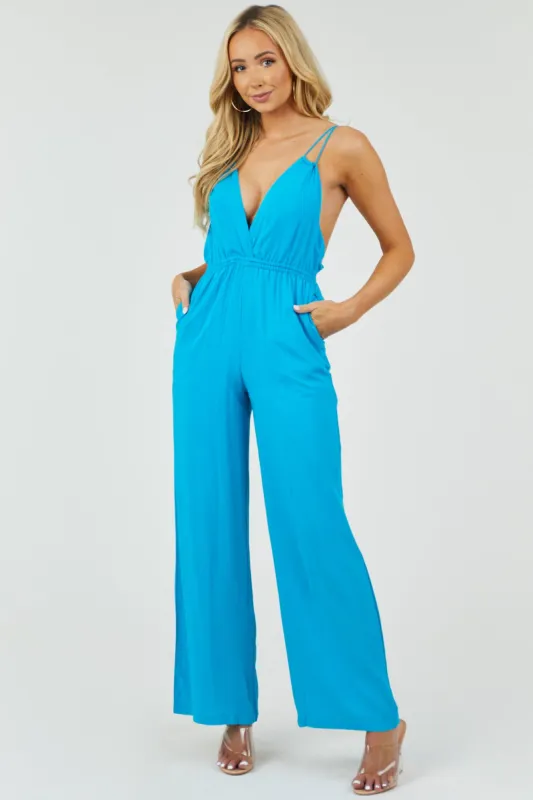Azure Open Tie Back Wide Leg Woven Jumpsuit sold by Lime Lush
