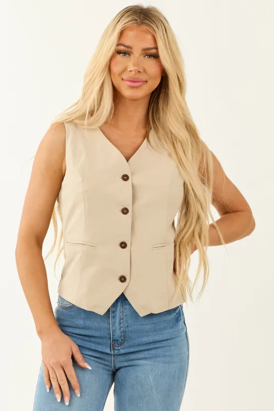 She+Sky Sand Button Down Sleeveless Vest sold by Lime Lush