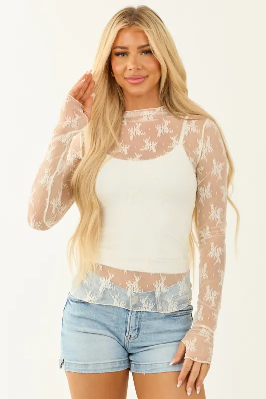 Cream Mesh Lace Mock Neck Long Sleeve Top sold by Lime Lush
