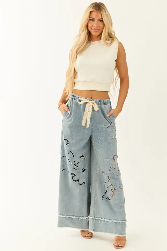 POL Medium Wash Open Embroidered Wide Leg Pants sold by Lime Lush