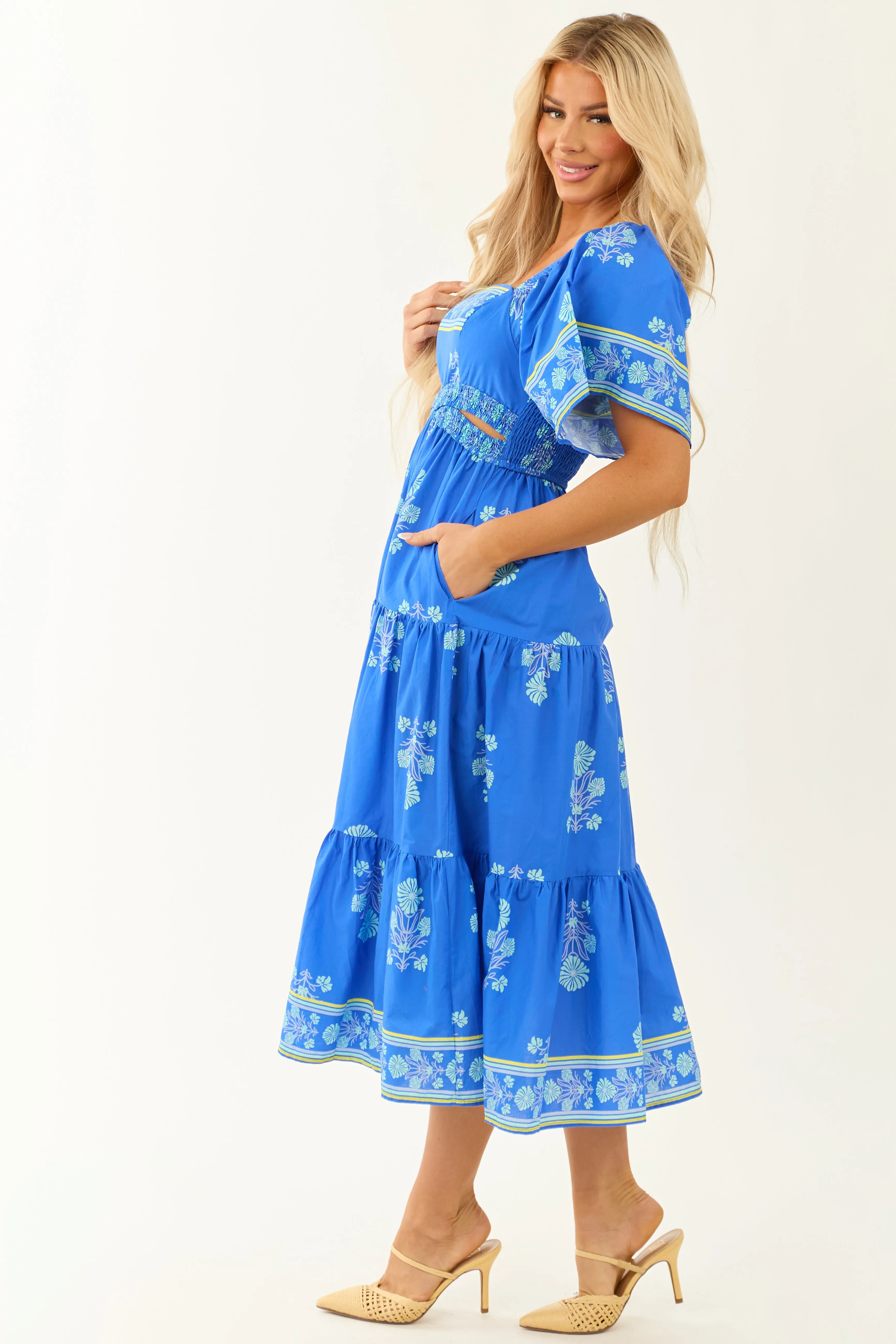 Royal Blue Floral Print Short Sleeve Midi Dress sold by Lime Lush product image thumbnail 4