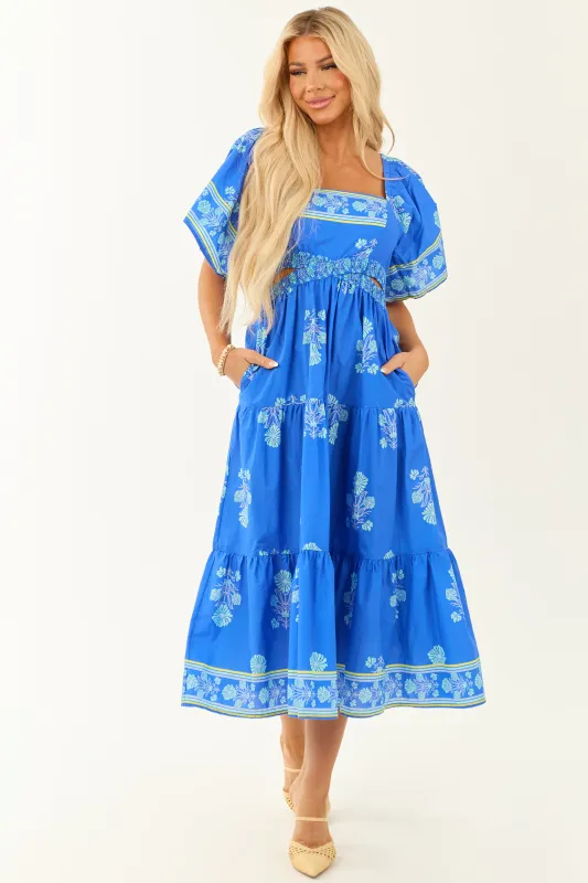 Royal Blue Floral Print Short Sleeve Midi Dress sold by Lime Lush