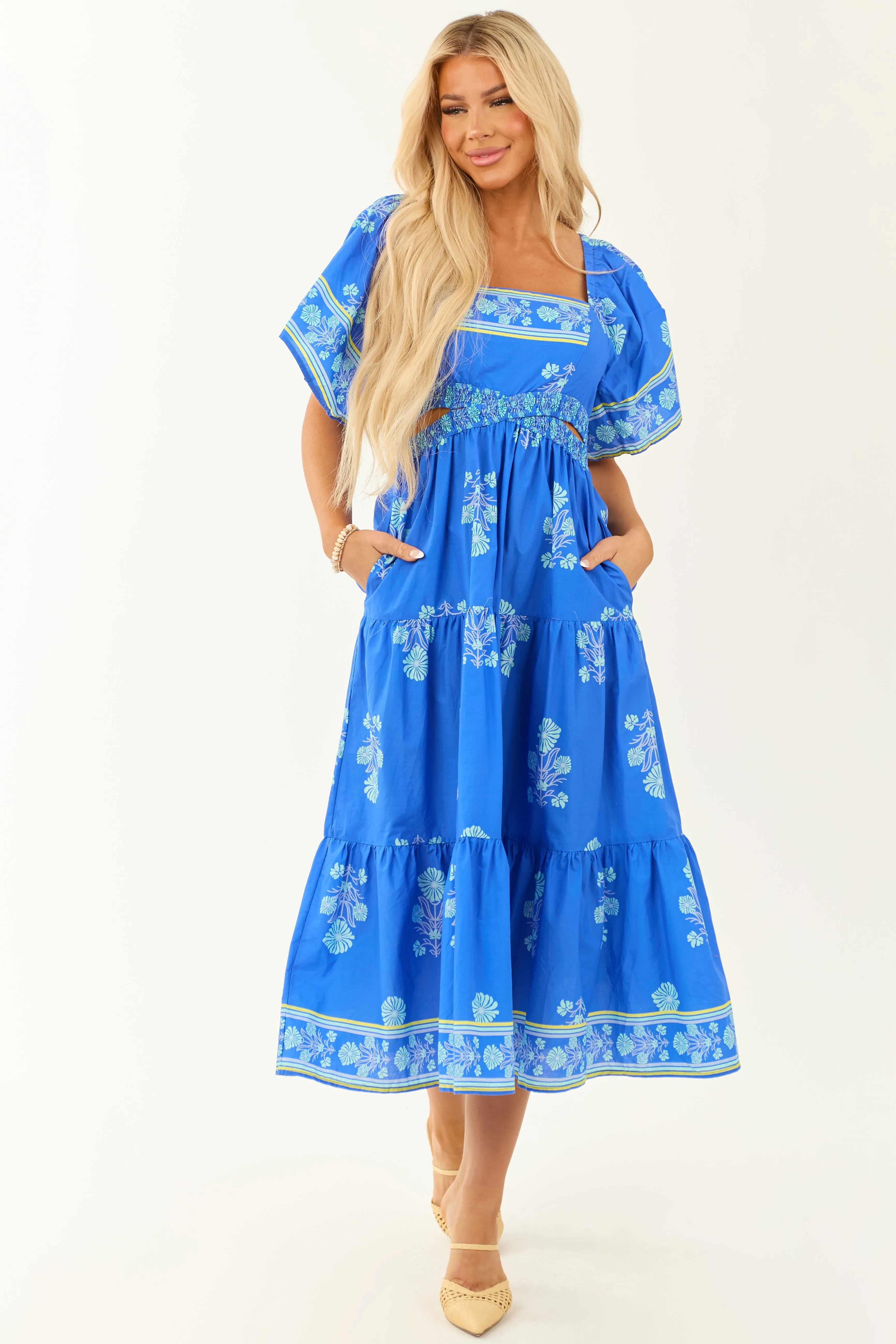 Royal Blue Floral Print Short Sleeve Midi Dress sold by Lime Lush