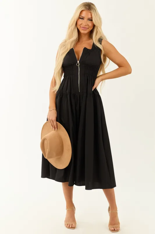 Entro Black Zip Up Ruched Waistband Midi Dress sold by Lime Lush