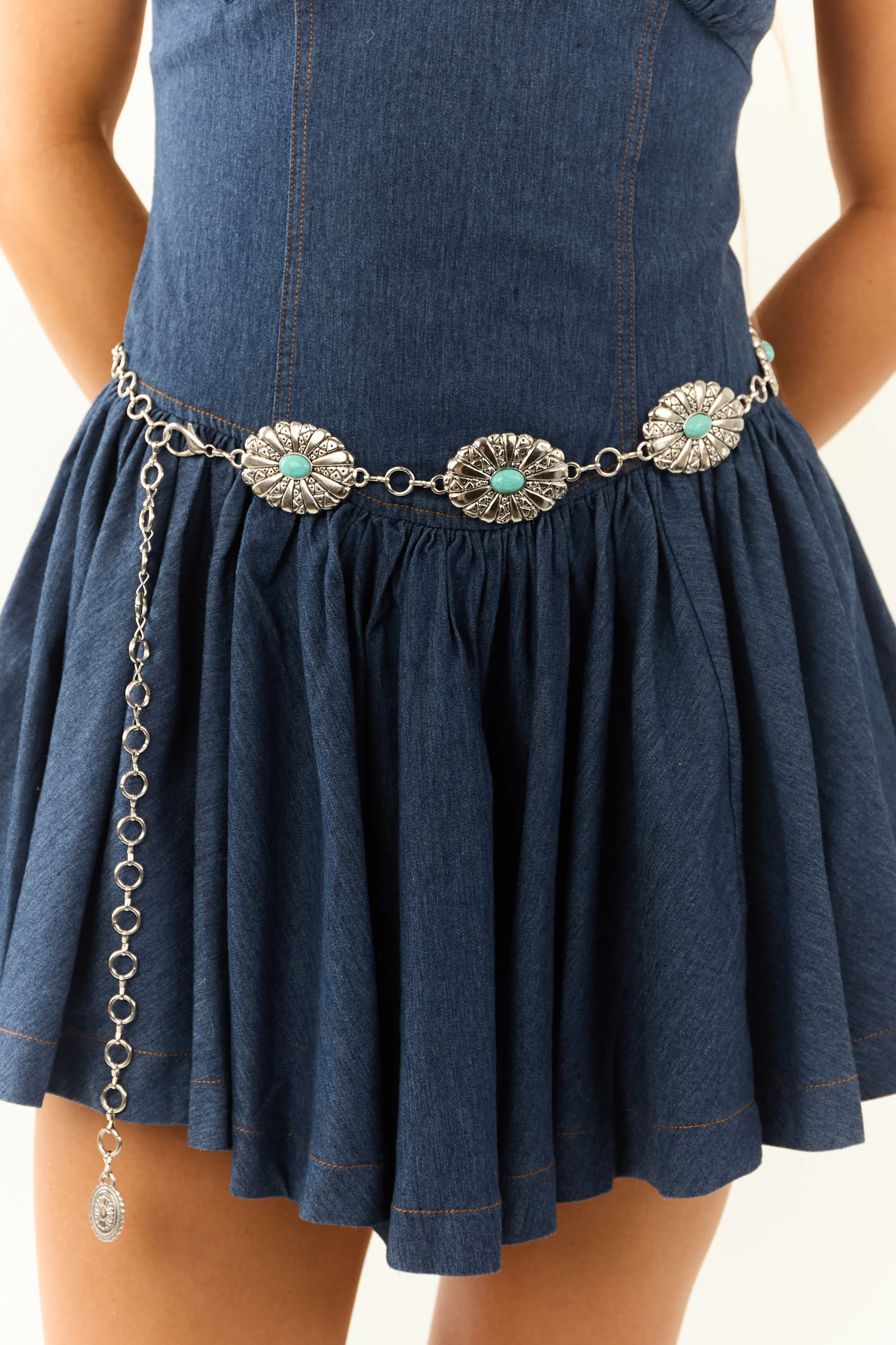 Silver Metallic Etched Concho Disc Chain Belt sold by Lime Lush