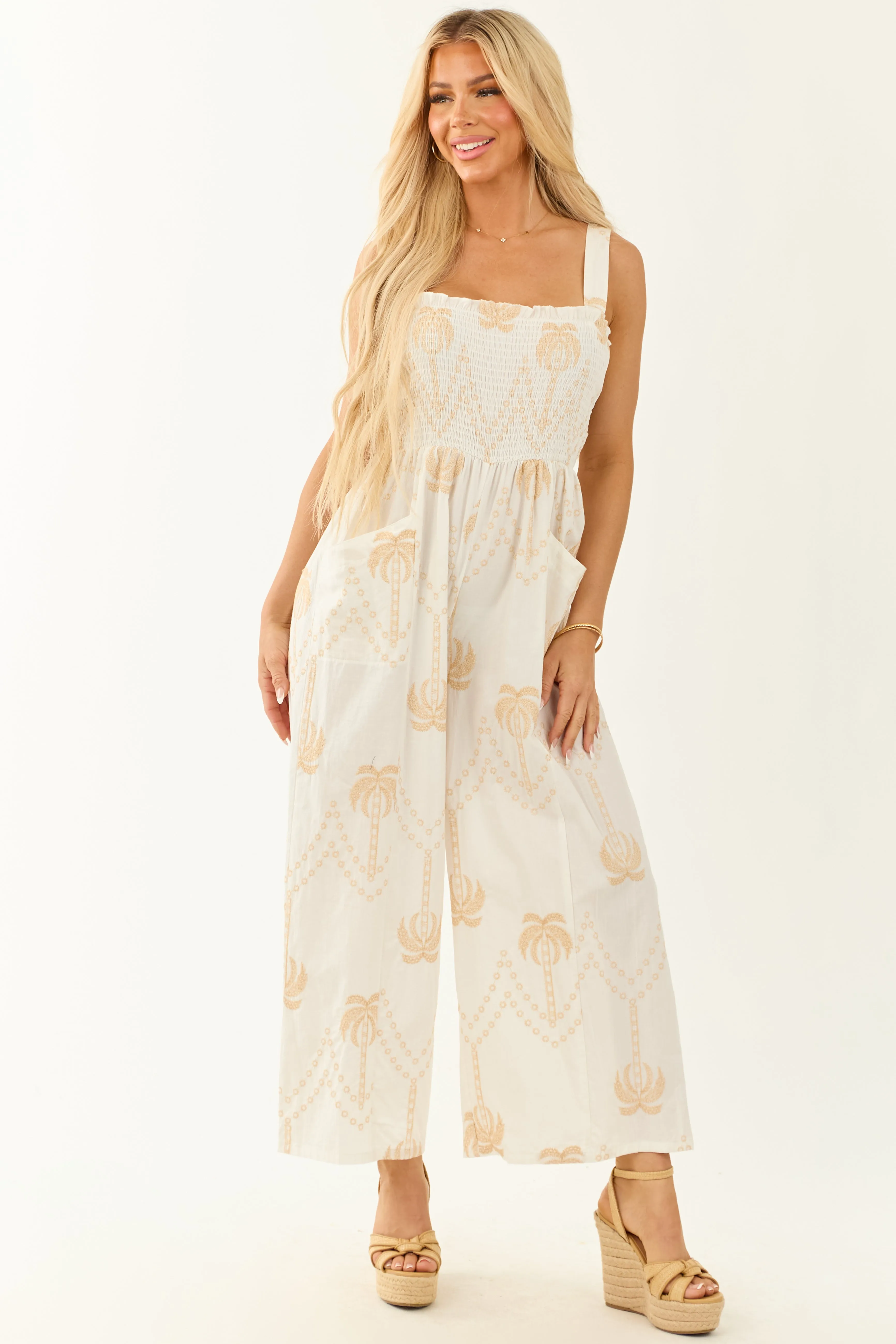 Off White Palm Tree Embroidery Smocked Jumpsuit sold by Lime Lush product image thumbnail 2