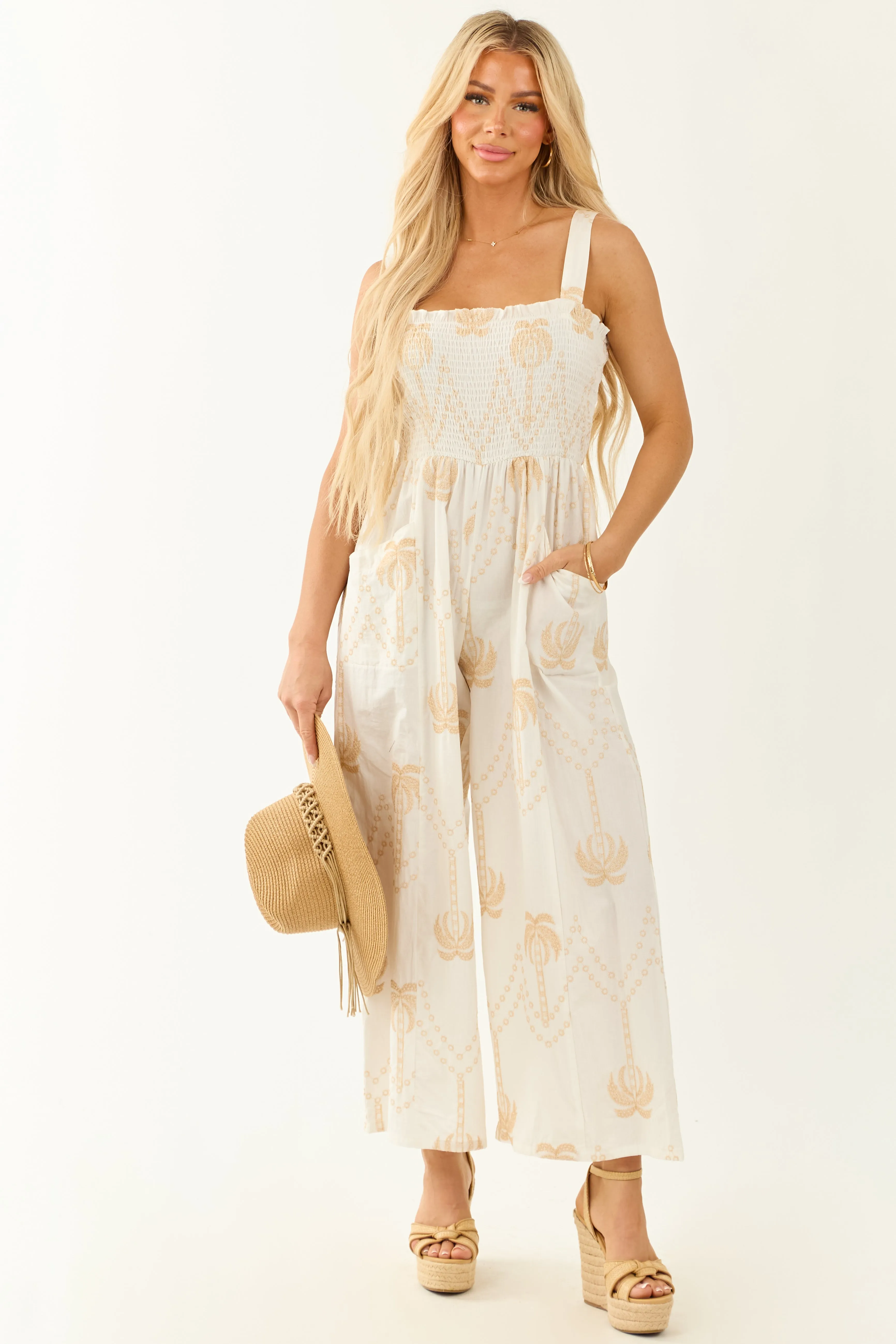 Off White Palm Tree Embroidery Smocked Jumpsuit sold by Lime Lush