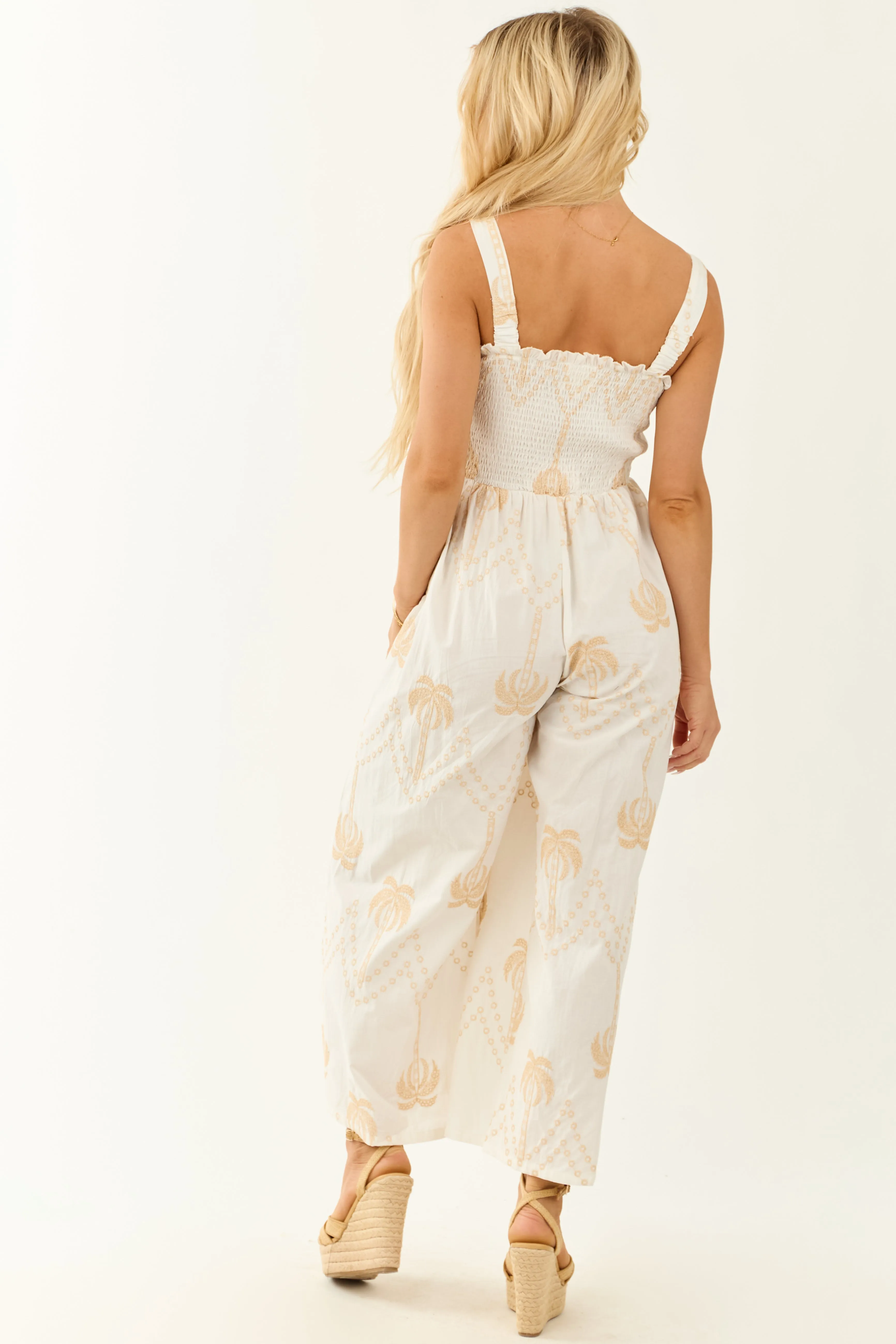 Off White Palm Tree Embroidery Smocked Jumpsuit sold by Lime Lush product image thumbnail 5