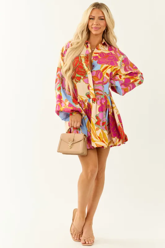 Dark Fuchsia Floral Print Bubble Hem Mini Shirt Dress sold by Lime Lush