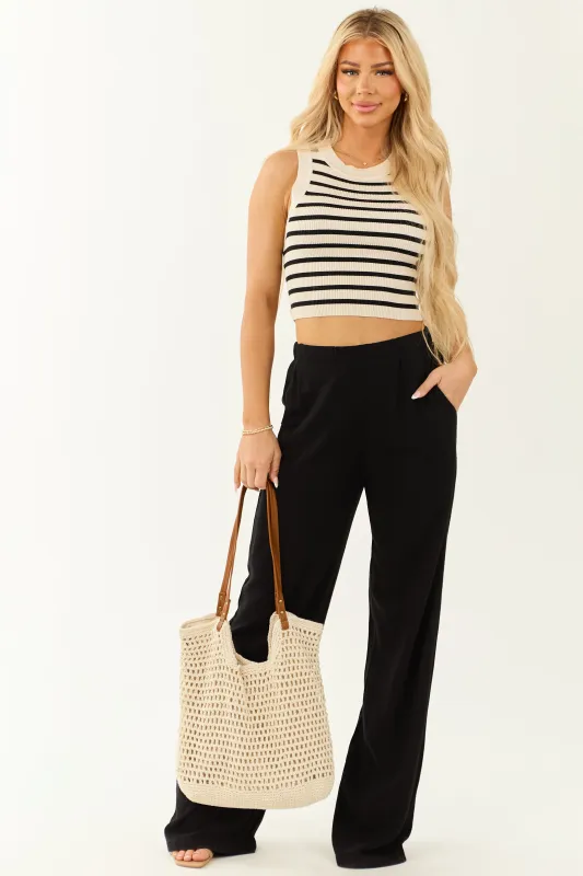 Black Elastic Waist Wide Leg Linen Blend Pants sold by Lime Lush