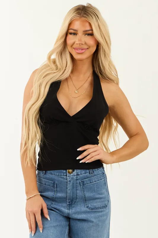 Black Halter Surplice Neck Linen Blend Tank Top sold by Lime Lush