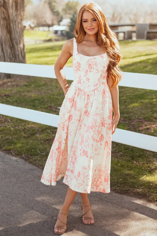 Coral Linen Blend Floral Print Sleeveless Midi Dress sold by Lime Lush