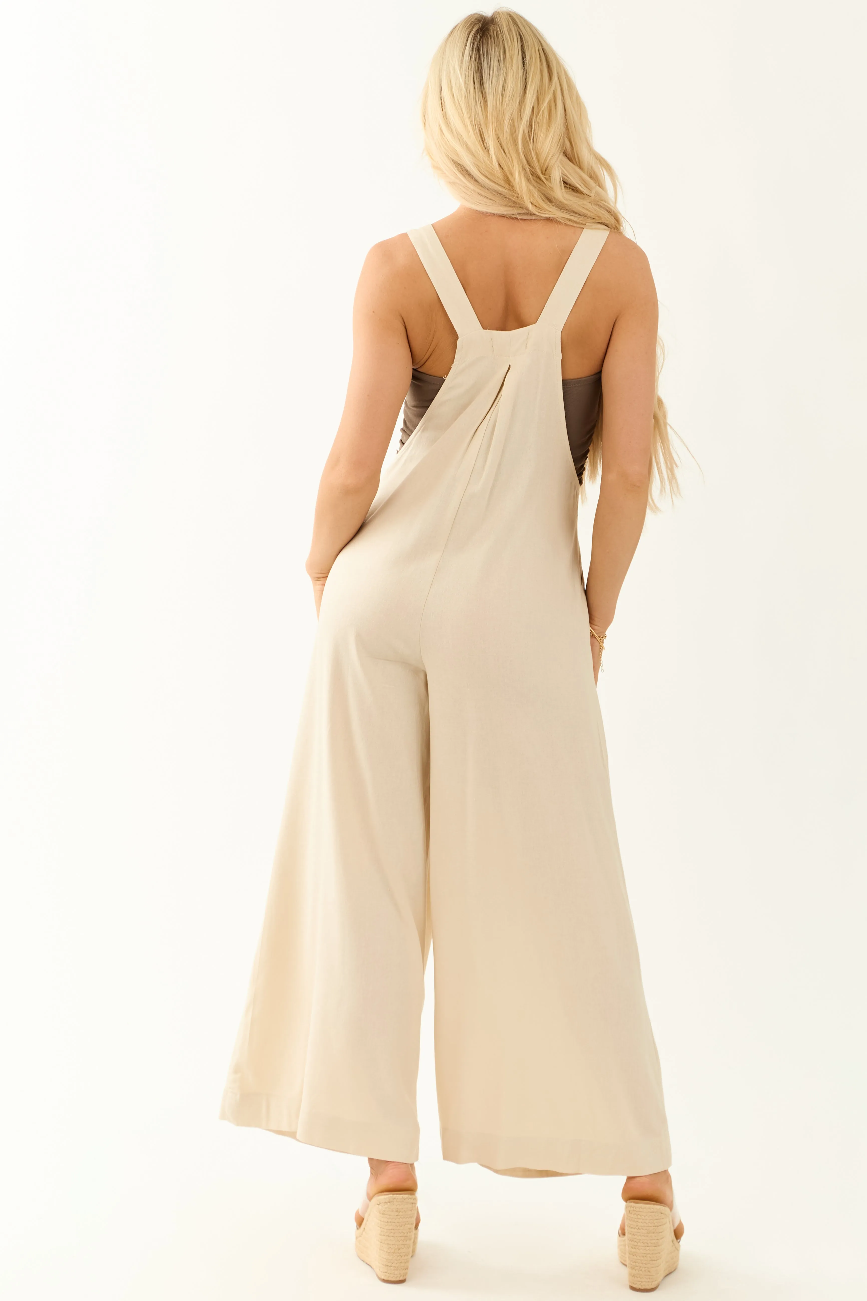 Champagne Linen Blend Wide Leg Overalls Jumpsuit sold by Lime Lush product image thumbnail 5
