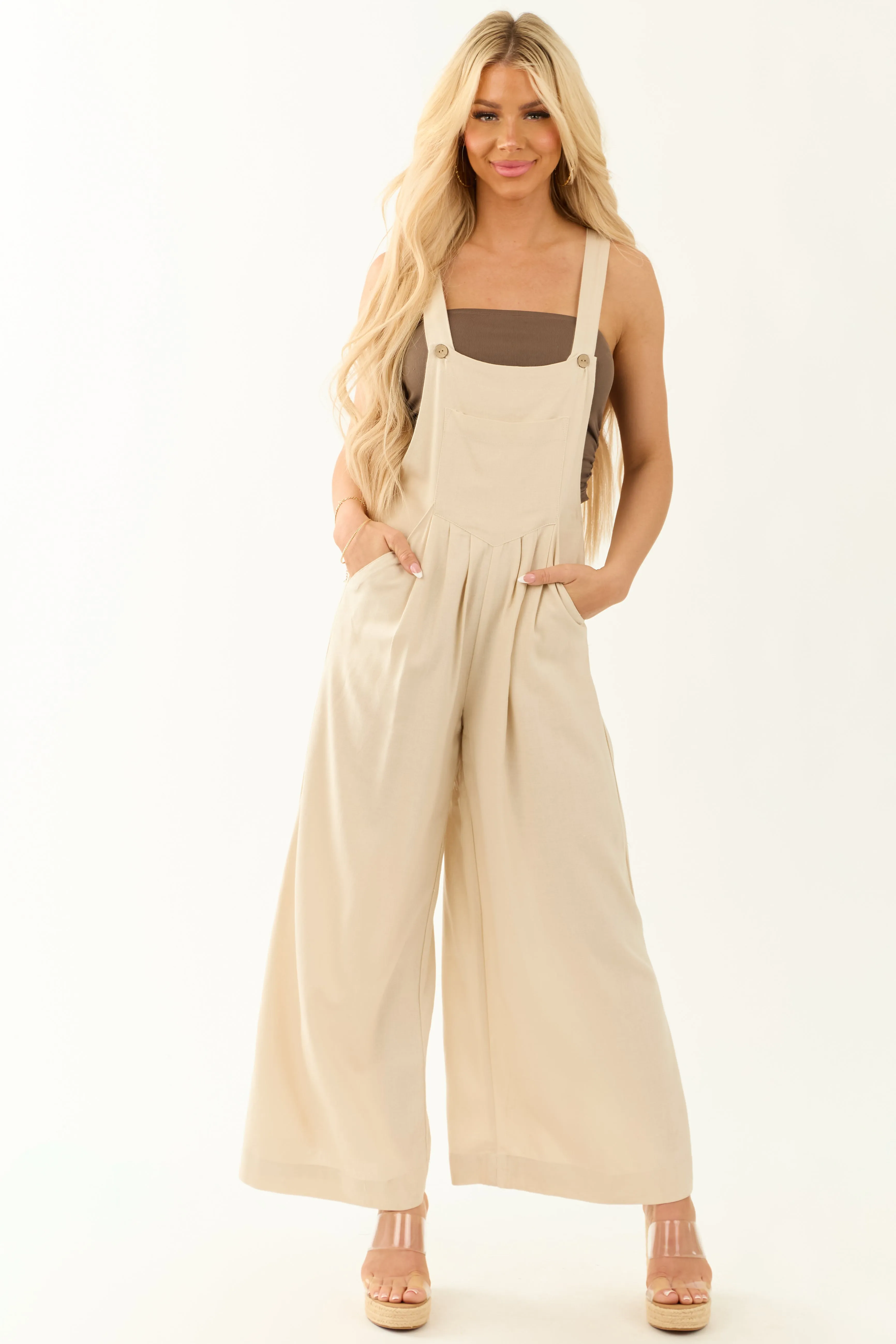 Champagne Linen Blend Wide Leg Overalls Jumpsuit sold by Lime Lush product image thumbnail 2