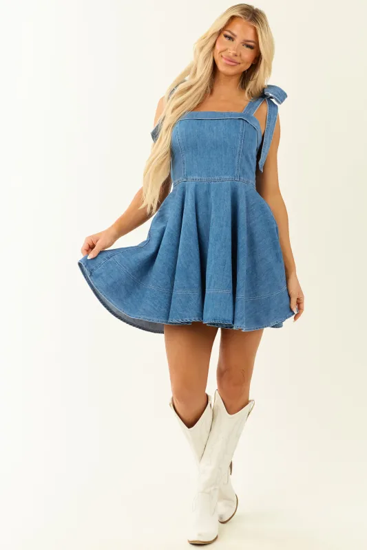 Medium Wash Sleeveless Tie Strap Mini Flare Dress sold by Lime Lush