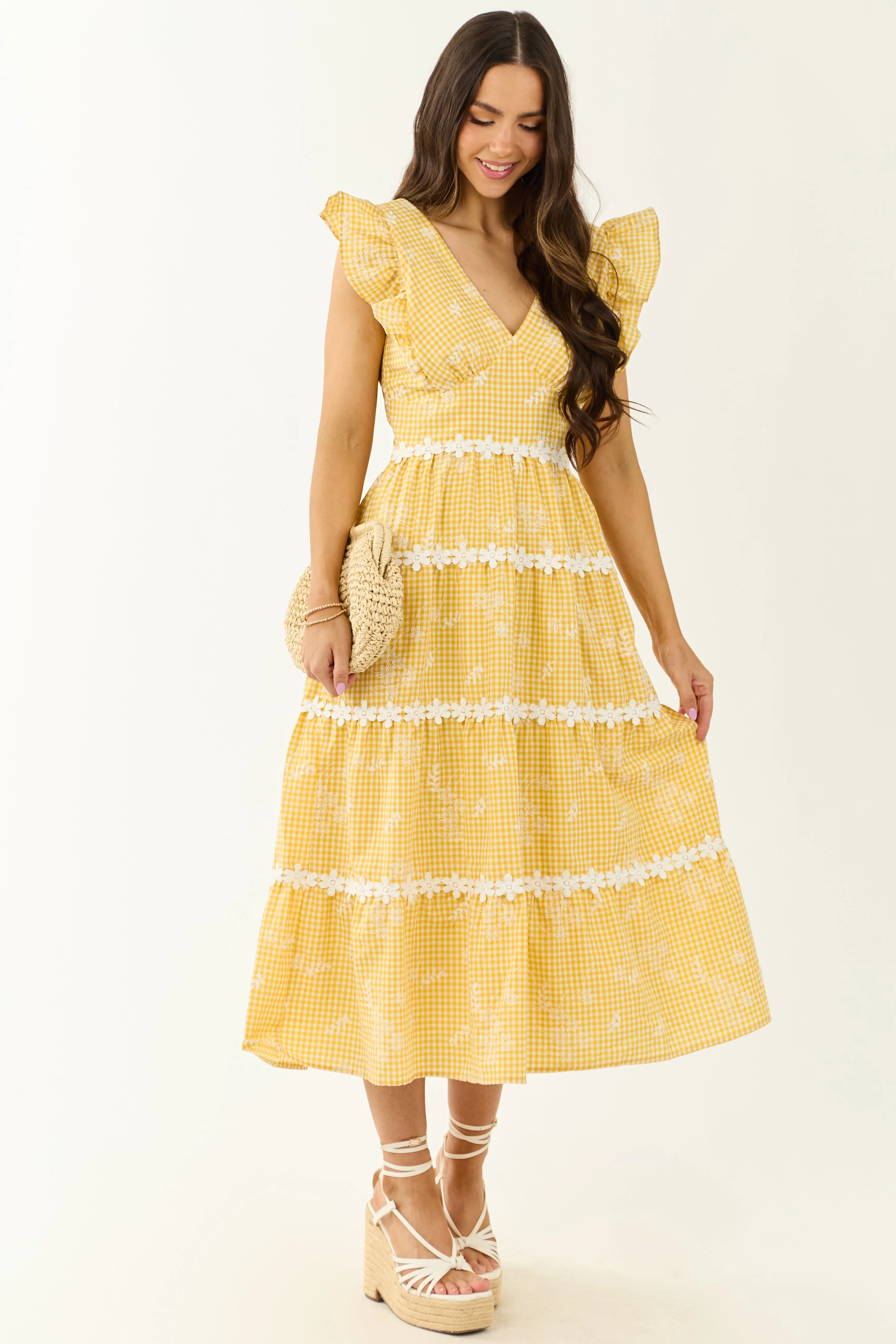 Canary Yellow Gingham Floral Embroidery Midi Dress sold by Lime Lush product image thumbnail 3
