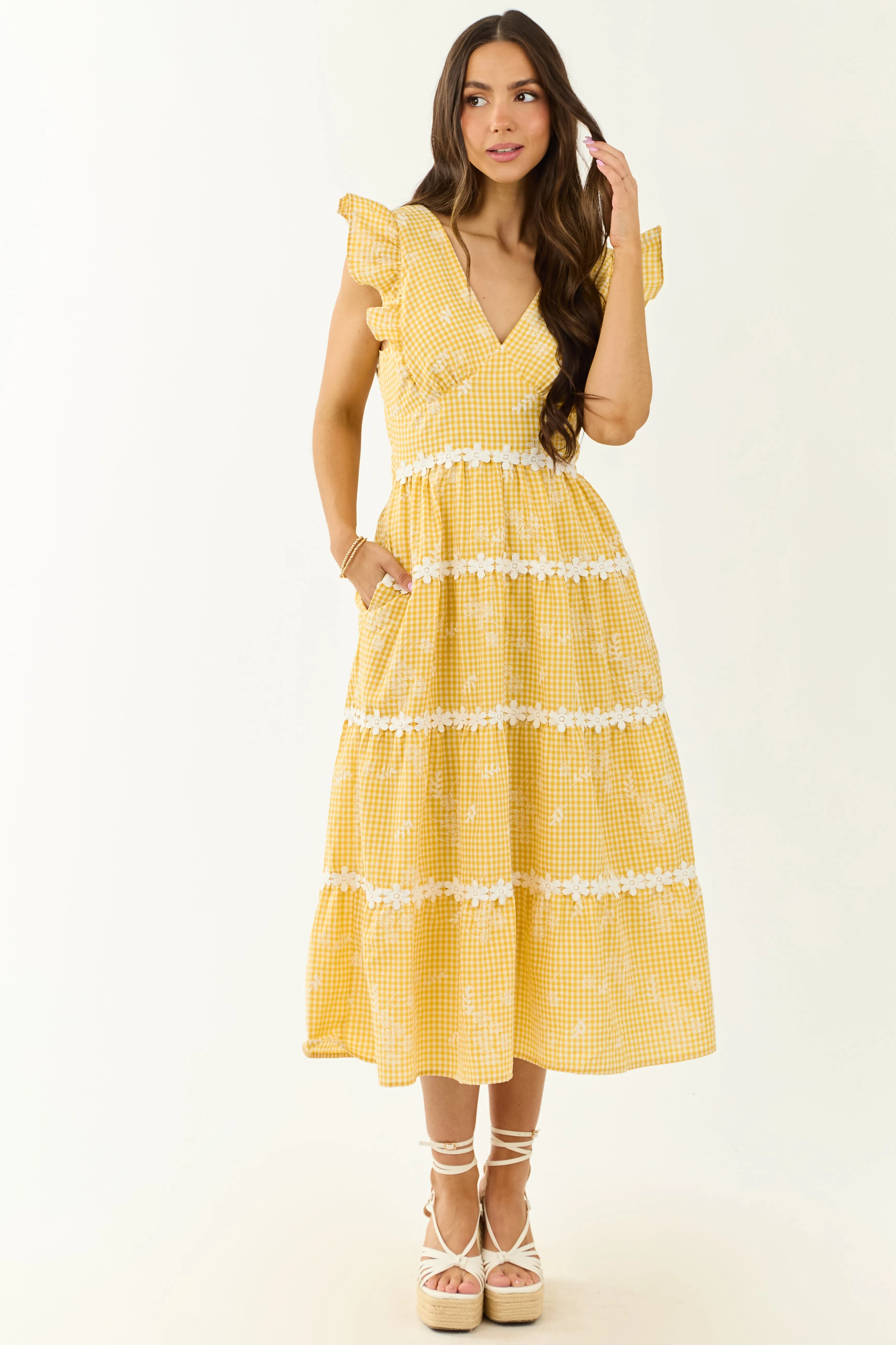 Canary Yellow Gingham Floral Embroidery Midi Dress sold by Lime Lush product image thumbnail 2