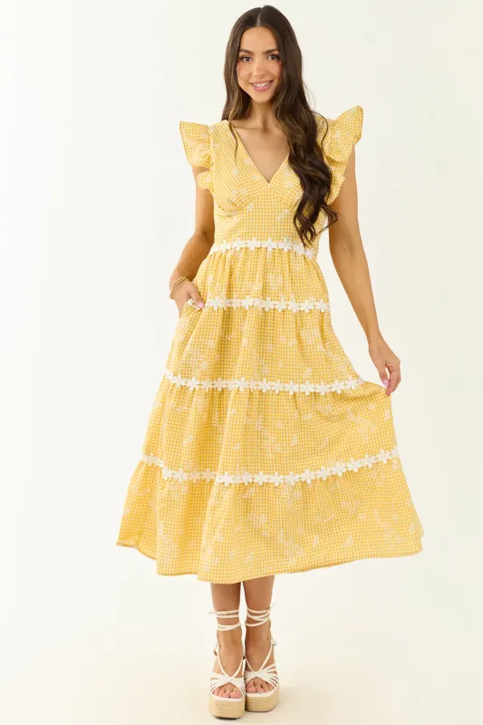 Canary Yellow Gingham Floral Embroidery Midi Dress made by Bright