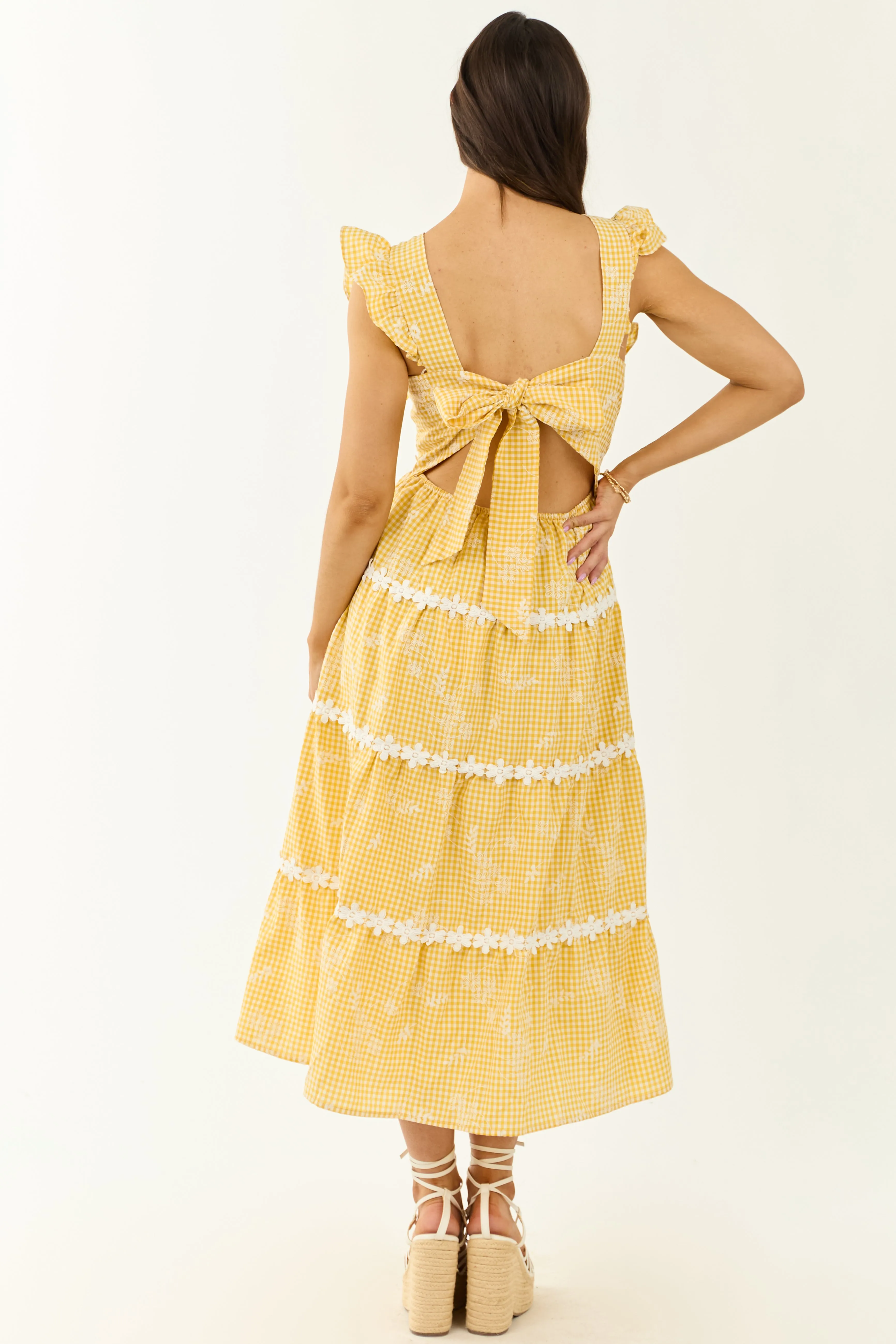 Canary Yellow Gingham Floral Embroidery Midi Dress sold by Lime Lush product image thumbnail 5