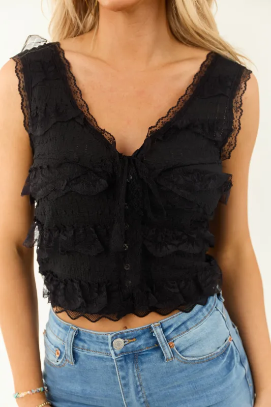 POL Black Lace Button Down Crop Tank Top sold by Lime Lush