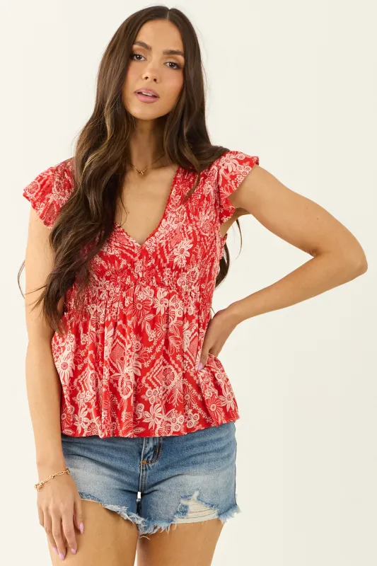 Lipstick Floral Print Smocked Short Sleeve Top sold by Lime Lush