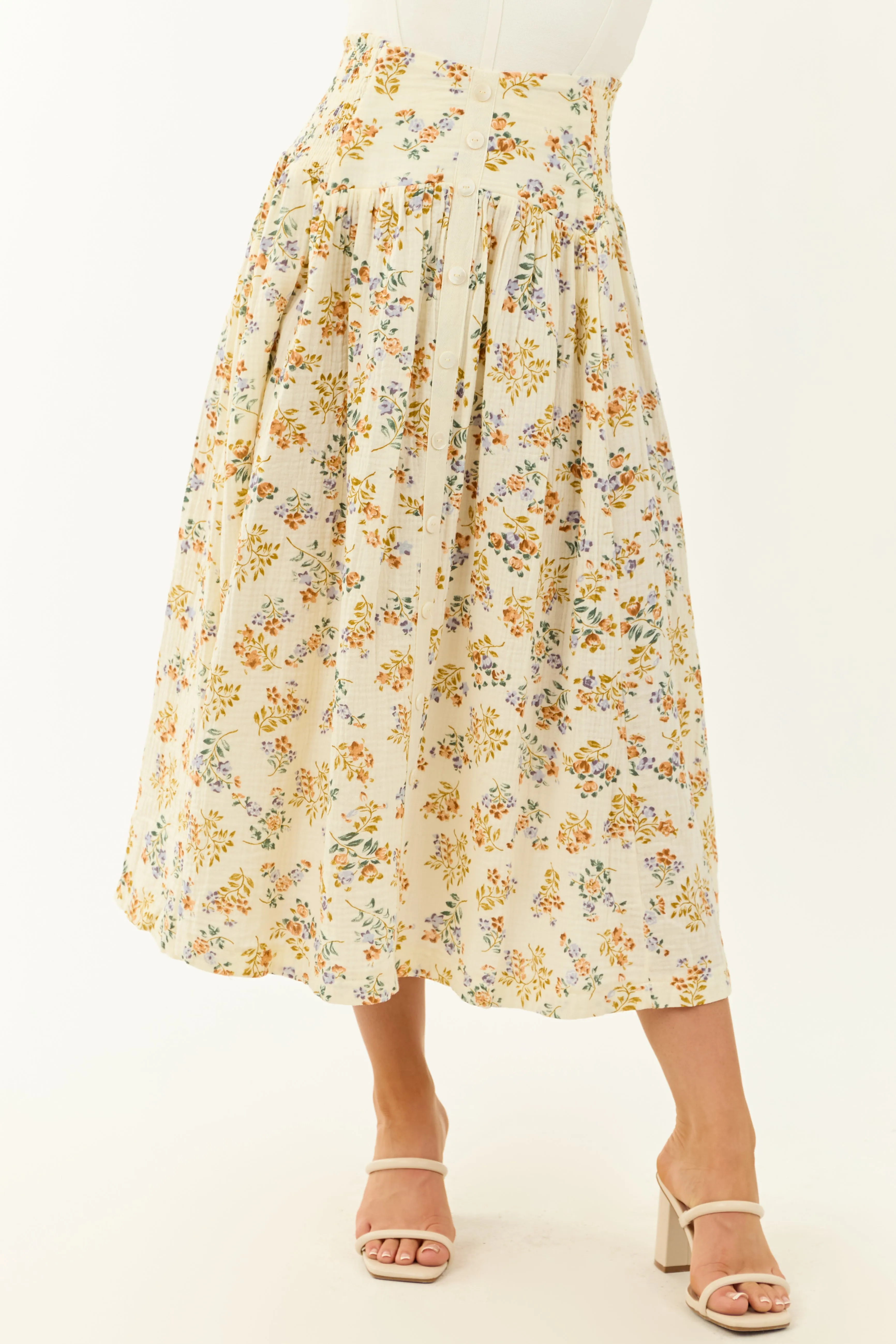 Cream Floral Print Faux Button Down Maxi Skirt sold by Lime Lush product image thumbnail 2