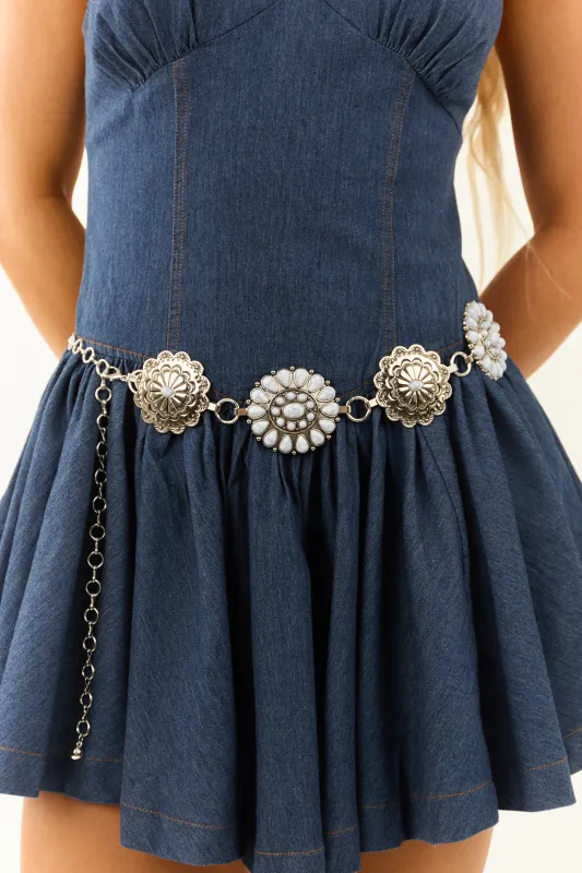 Silver Metallic Concho Stone Disc Chain Belt sold by Lime Lush