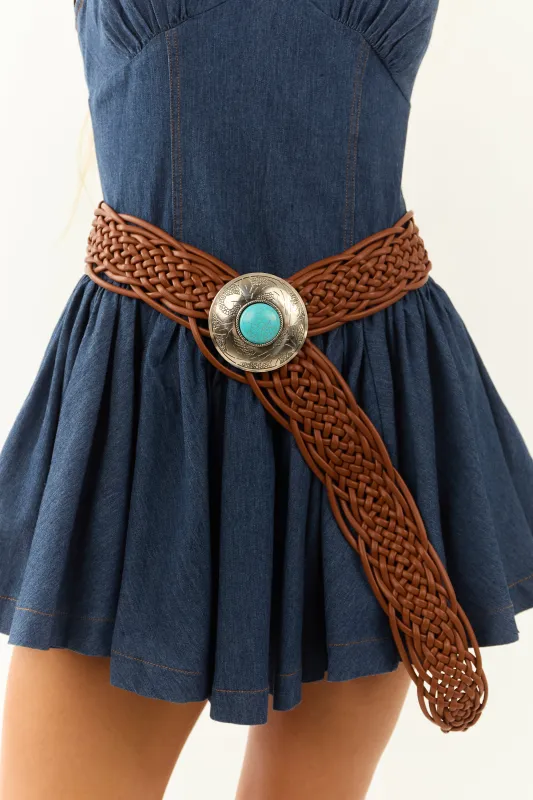 Cinnamon Braided Faux Leather Western Buckle Belt sold by Lime Lush